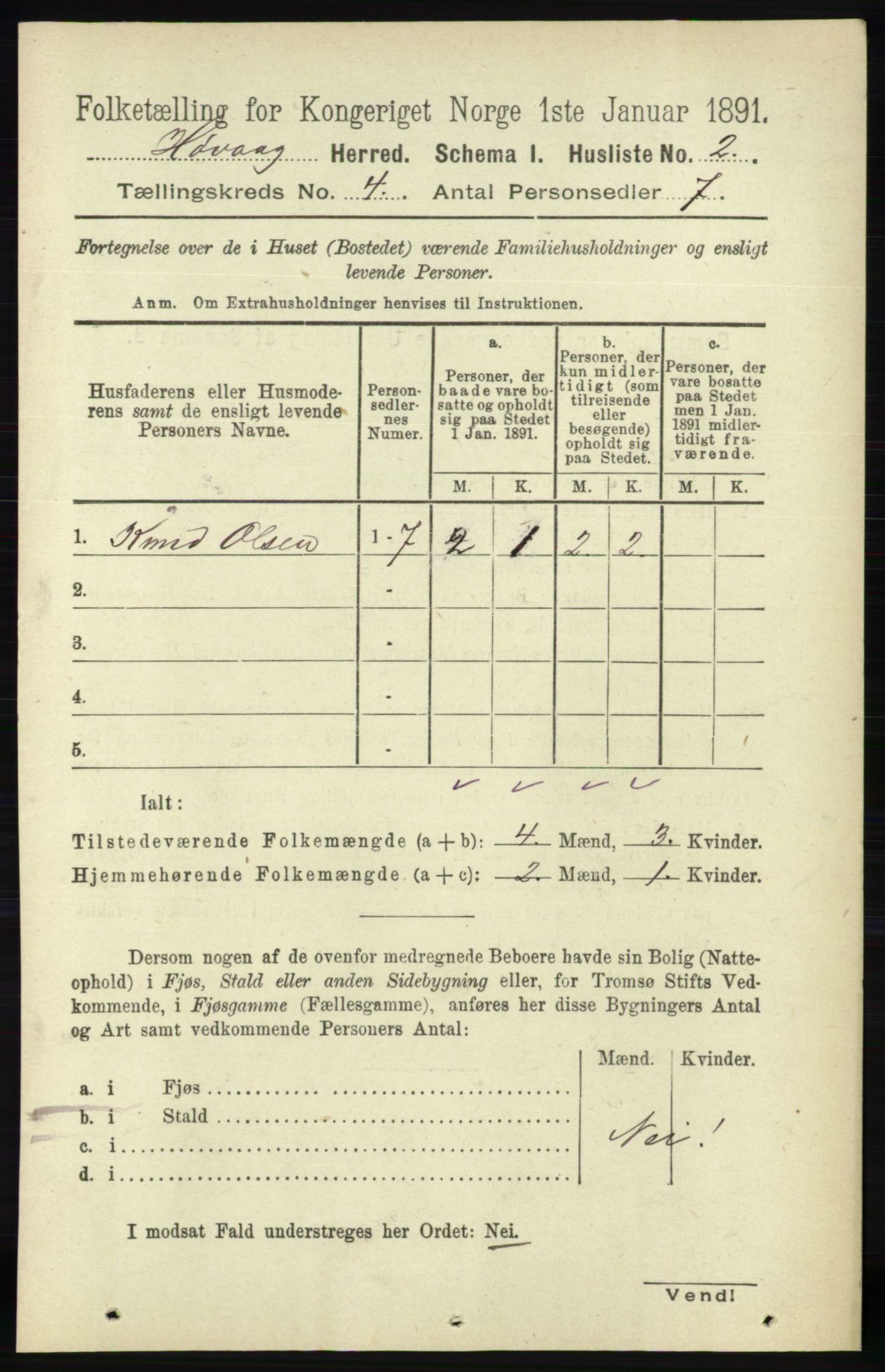 RA, 1891 census for 0927 Høvåg, 1891, p. 1456