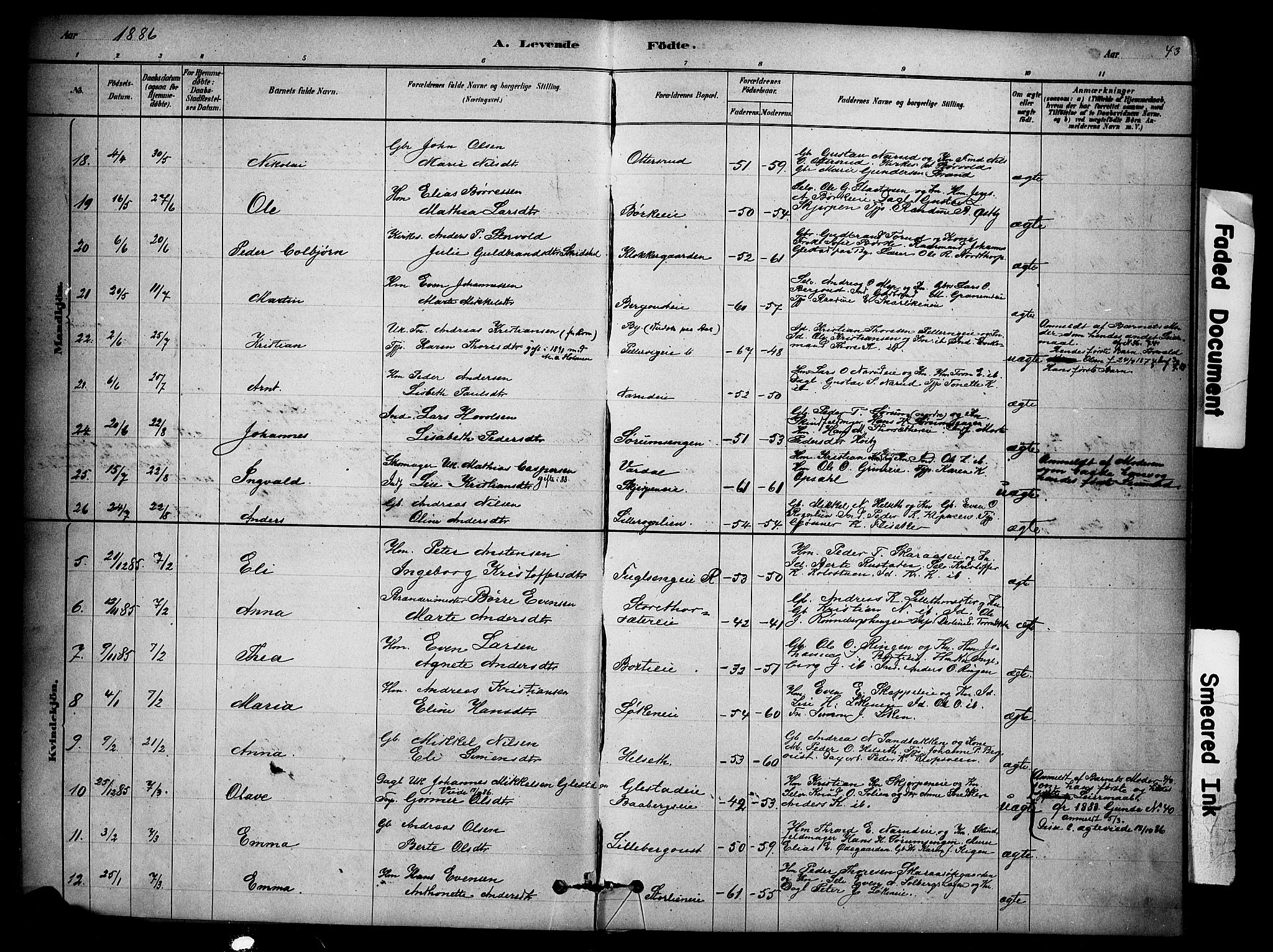 Ringsaker prestekontor, AV/SAH-PREST-014/K/Ka/L0014: Parish register (official) no. 14, 1879-1890, p. 43