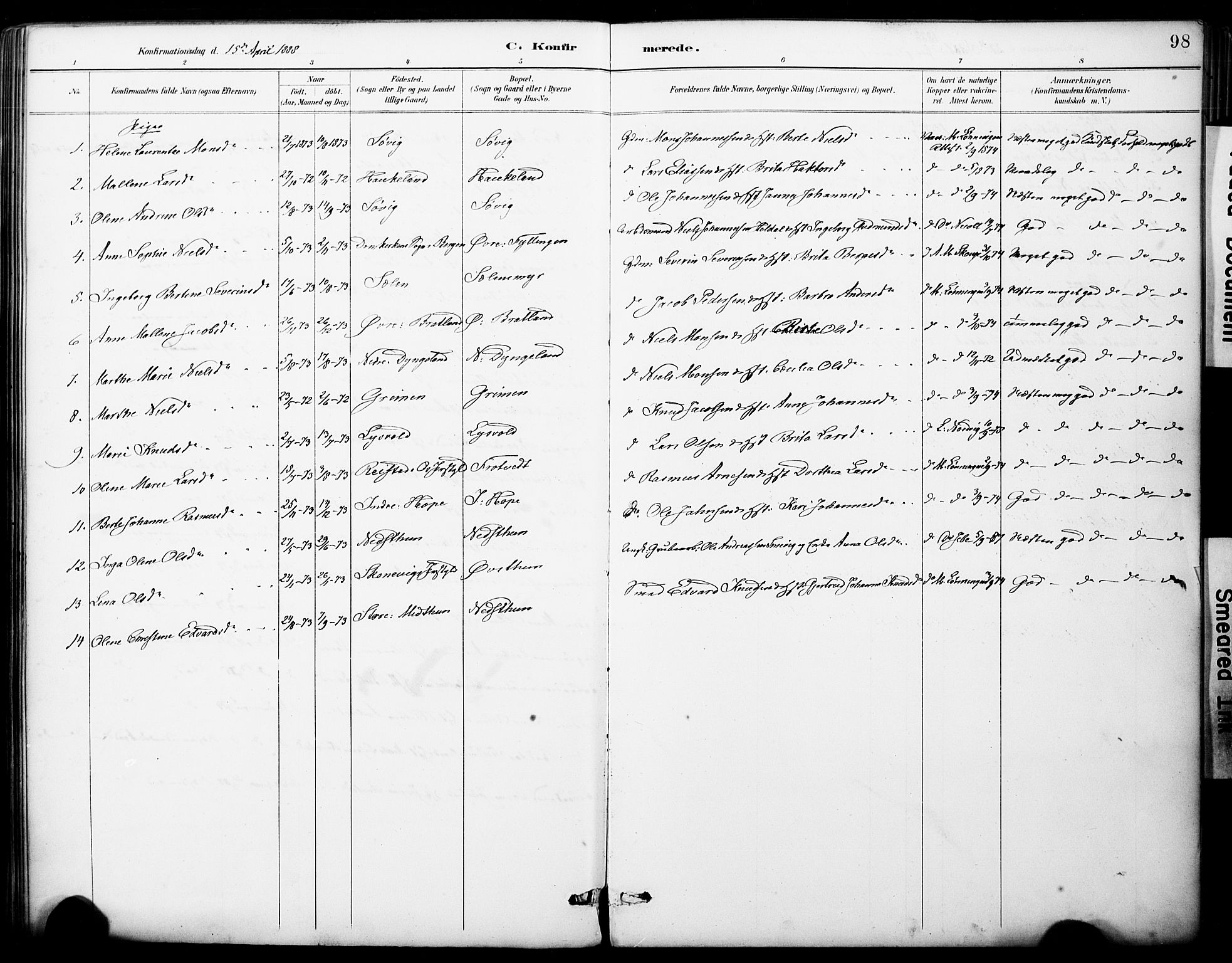 Fana Sokneprestembete, AV/SAB-A-75101/H/Haa/Haai/L0002: Parish register (official) no. I 2, 1888-1899, p. 98