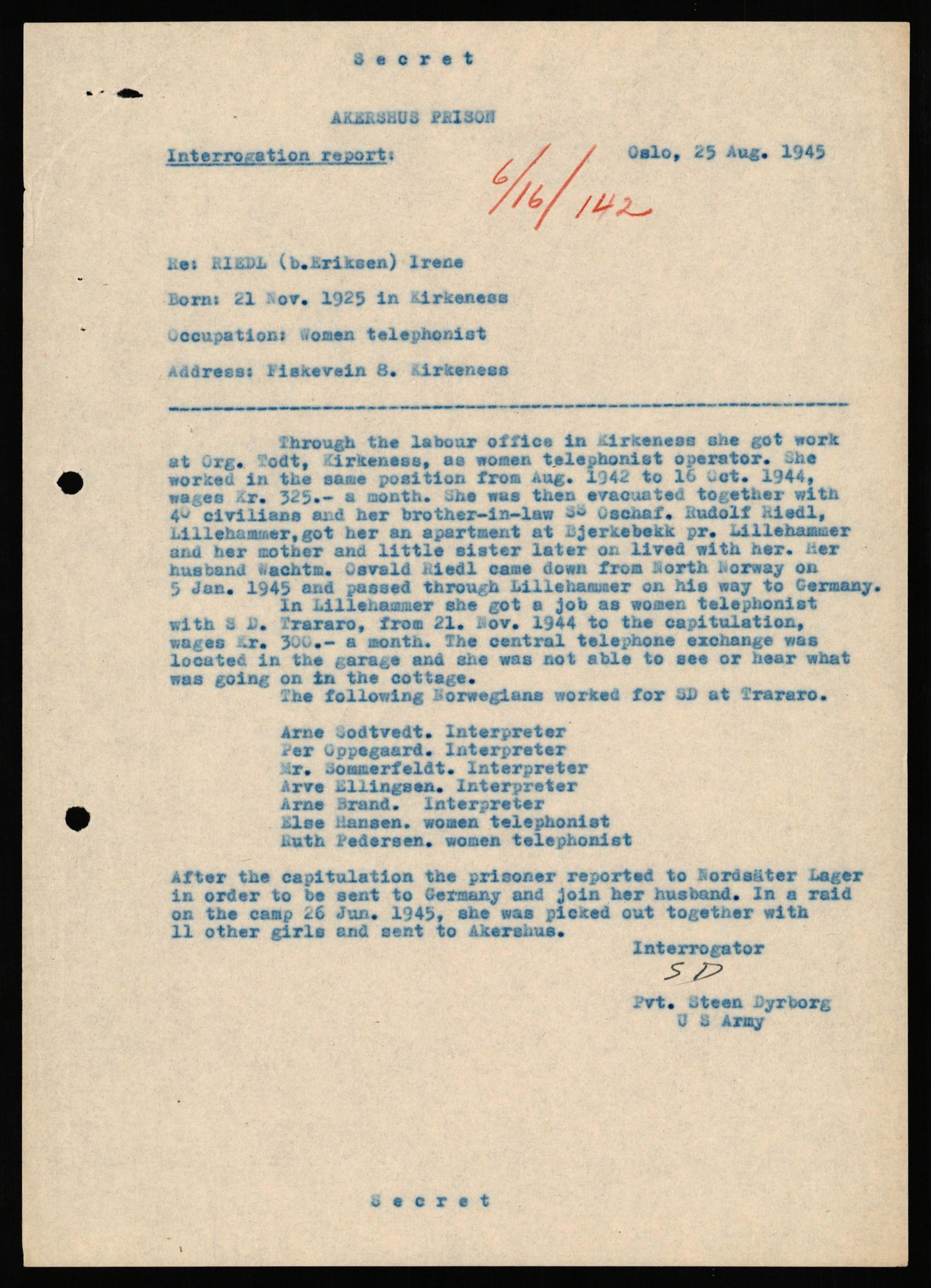 Forsvaret, Forsvarets overkommando II, AV/RA-RAFA-3915/D/Db/L0040: CI Questionaires. Tyske okkupasjonsstyrker i Norge. Østerrikere., 1945-1946, p. 112