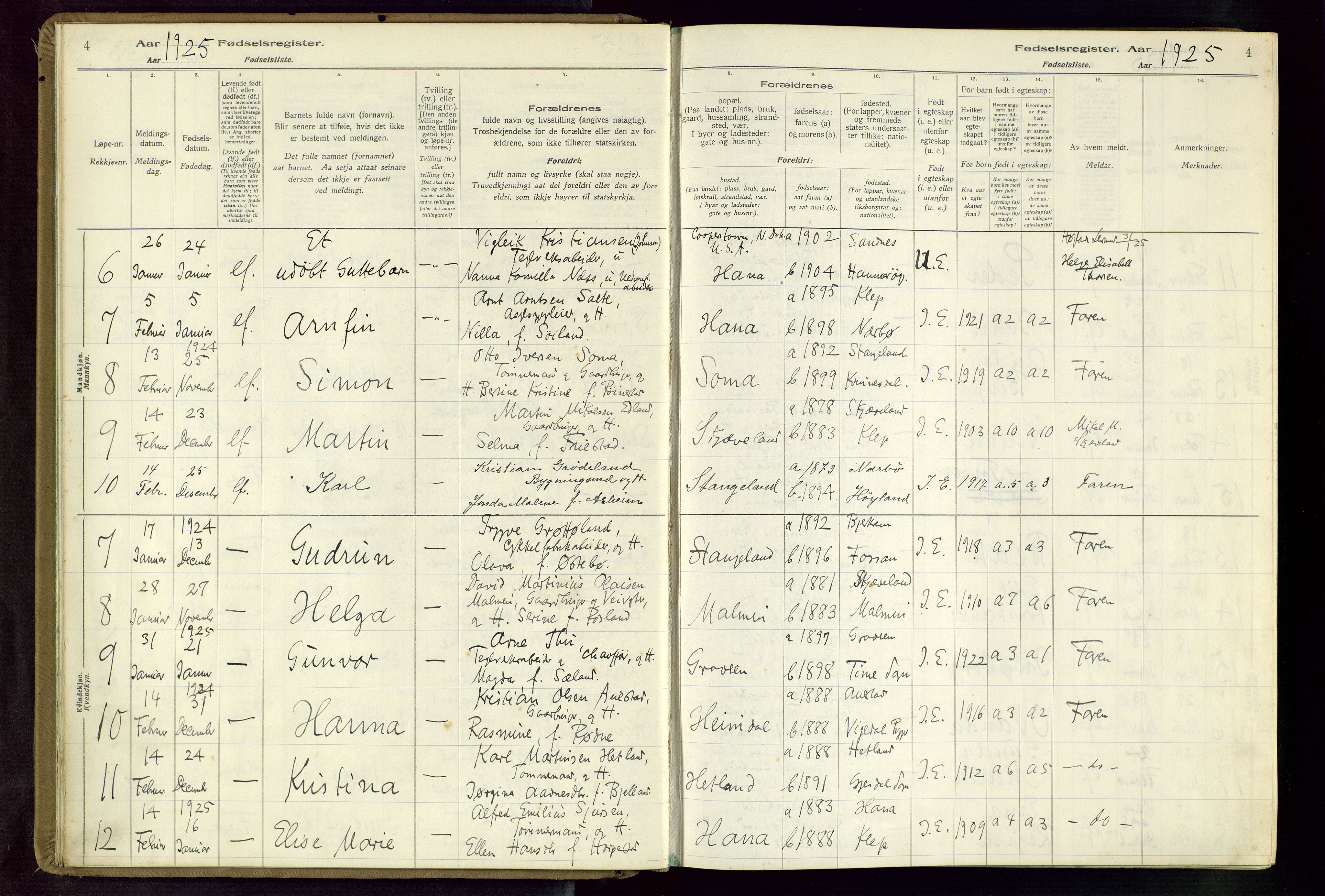 Høyland sokneprestkontor, SAST/A-101799/002/O/L0002: Birth register no. 2, 1924-1934, p. 4