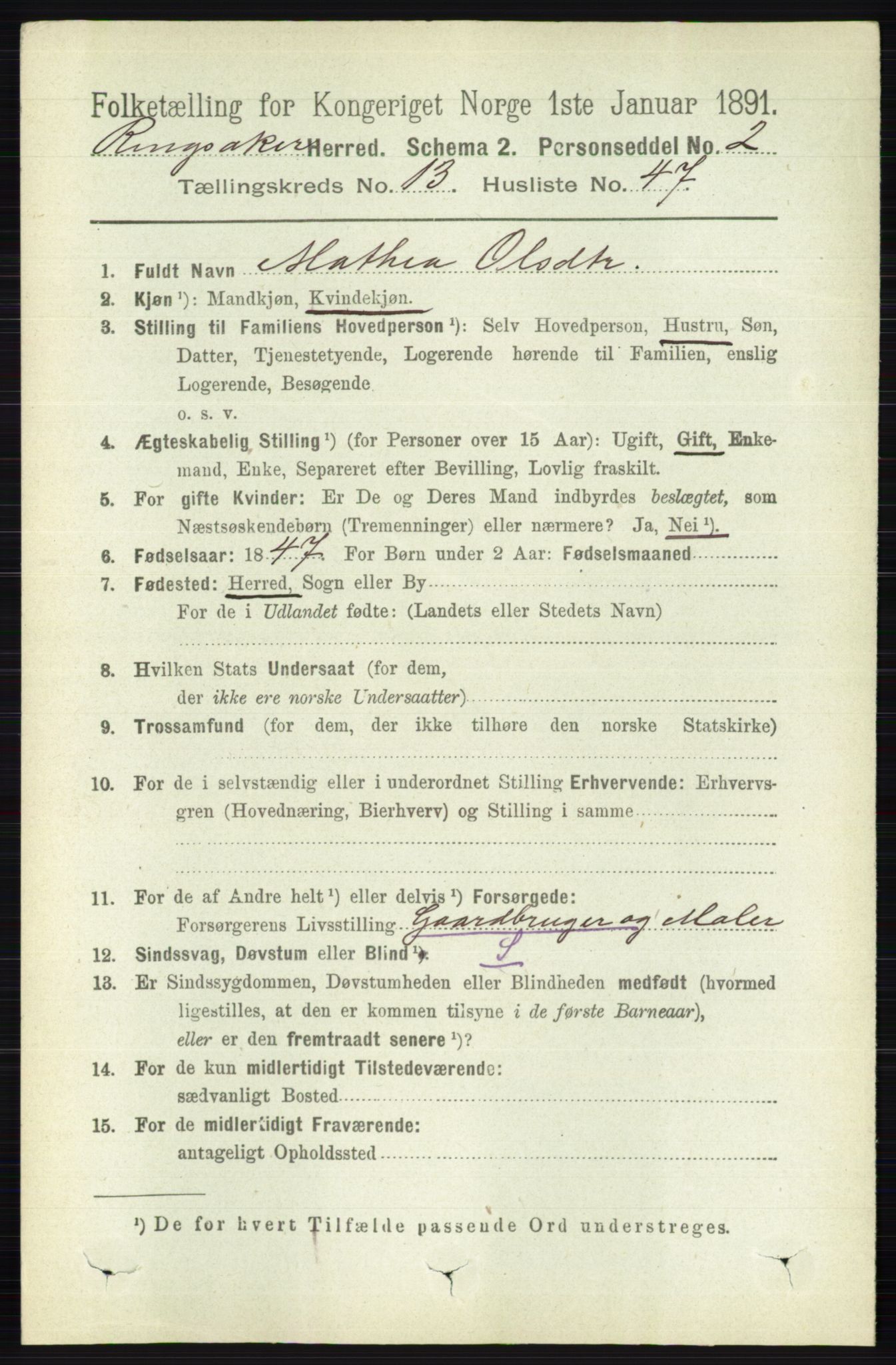 RA, 1891 census for 0412 Ringsaker, 1891, p. 7462
