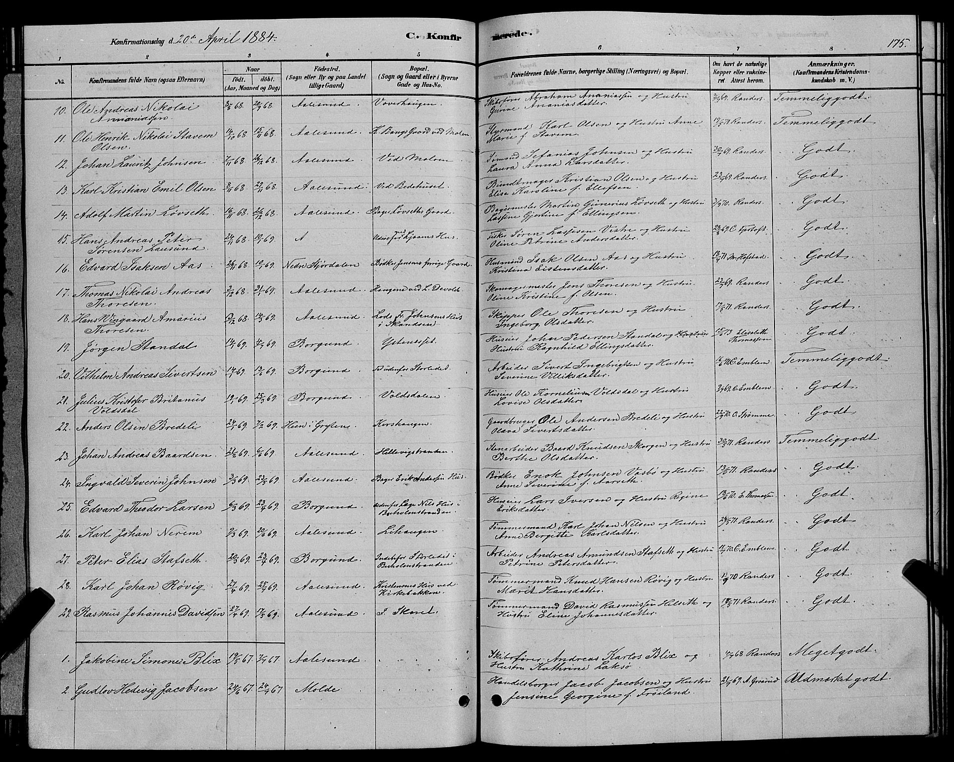 Ministerialprotokoller, klokkerbøker og fødselsregistre - Møre og Romsdal, SAT/A-1454/529/L0466: Parish register (copy) no. 529C03, 1878-1888, p. 175