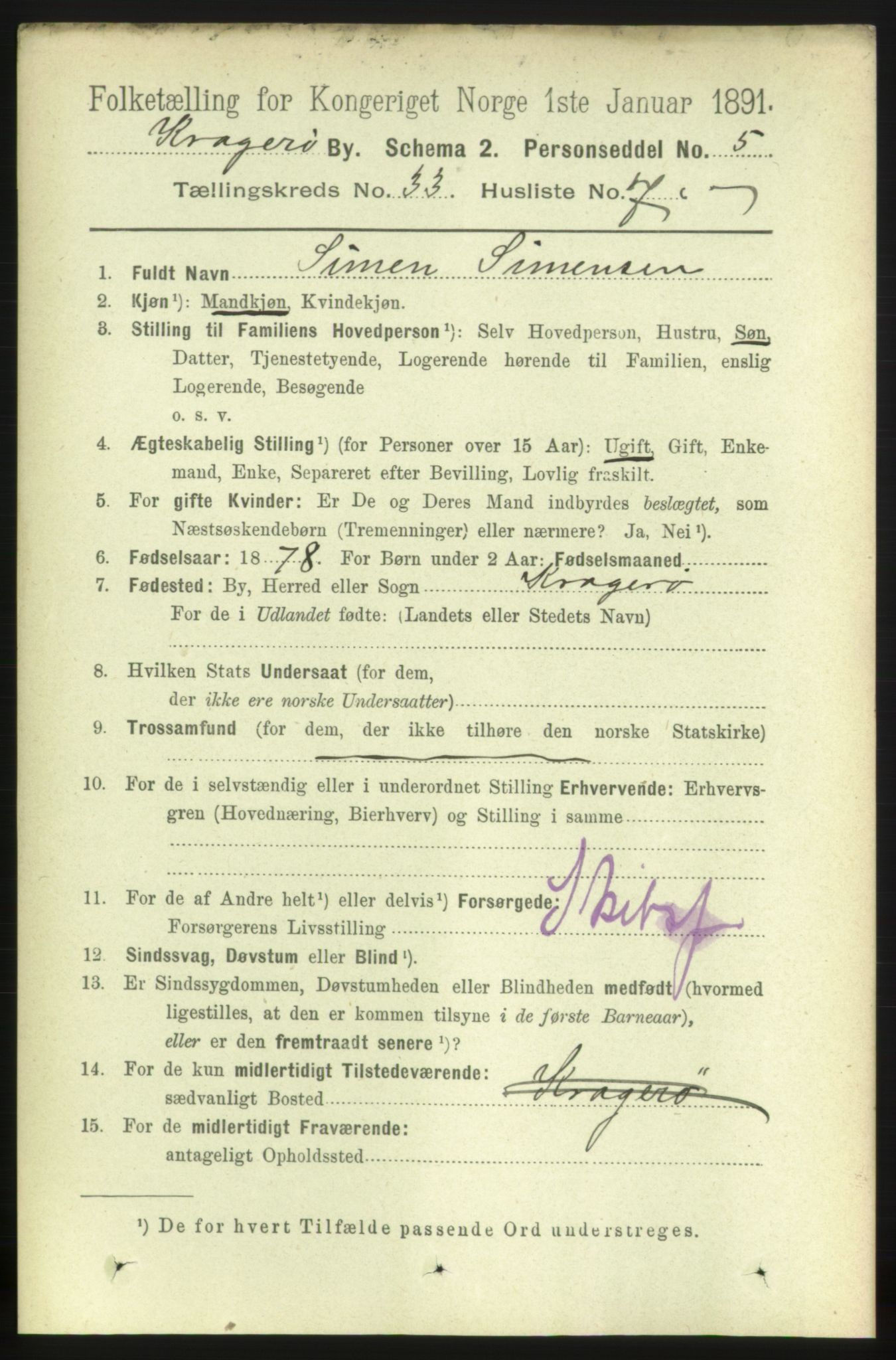 RA, 1891 census for 0801 Kragerø, 1891, p. 5995