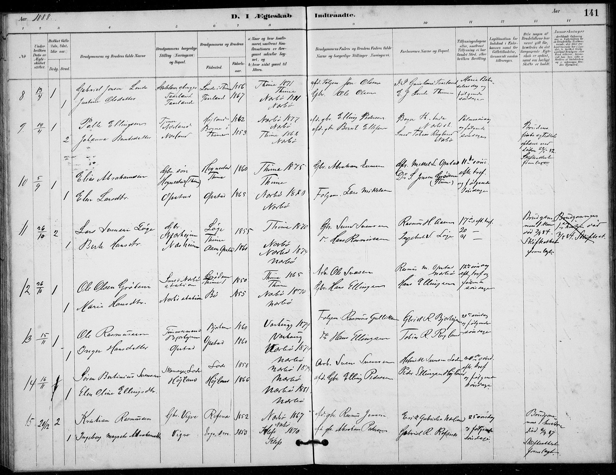 Hå sokneprestkontor, AV/SAST-A-101801/001/30BB/L0003: Parish register (copy) no. B 3, 1883-1894, p. 141