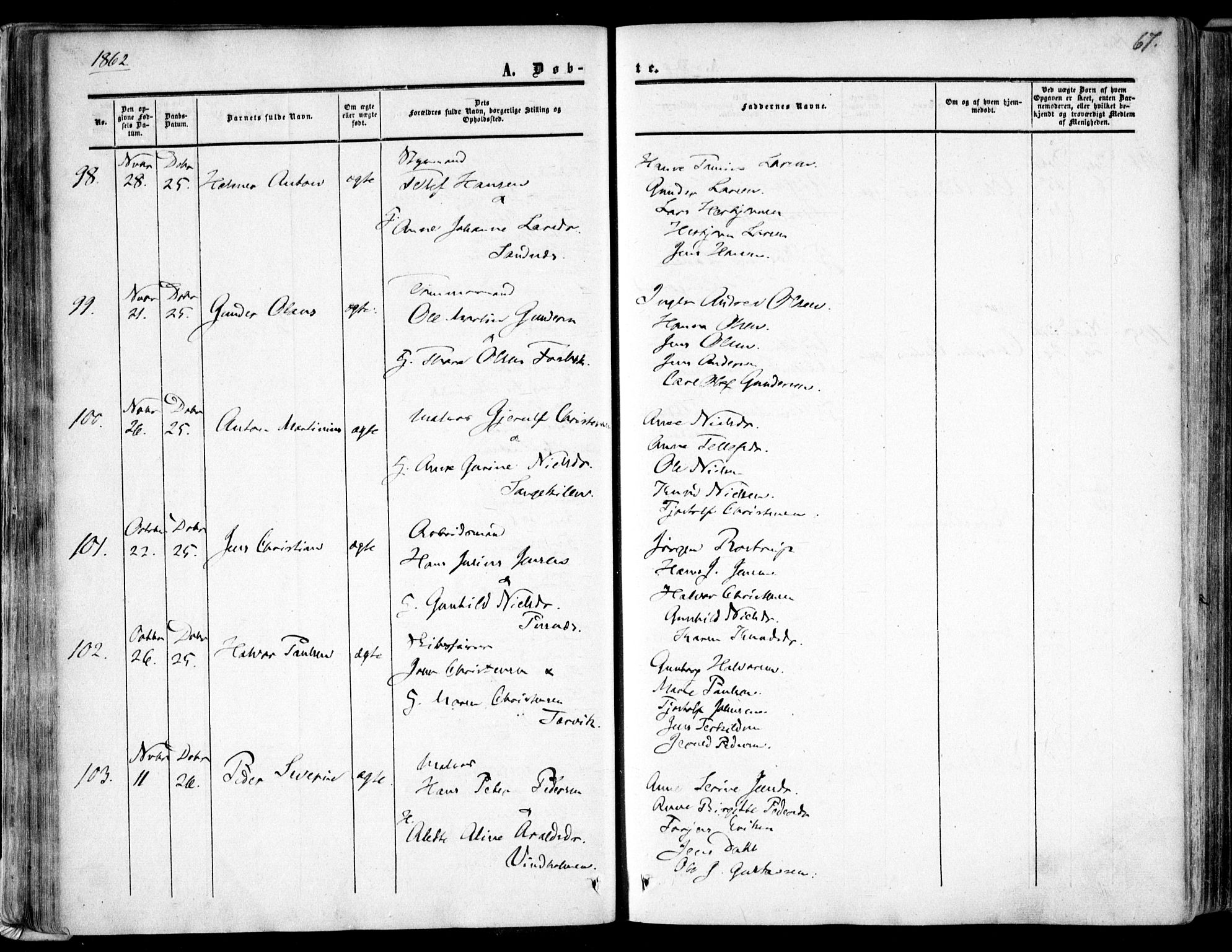 Tromøy sokneprestkontor, AV/SAK-1111-0041/F/Fa/L0006: Parish register (official) no. A 6, 1855-1863, p. 67