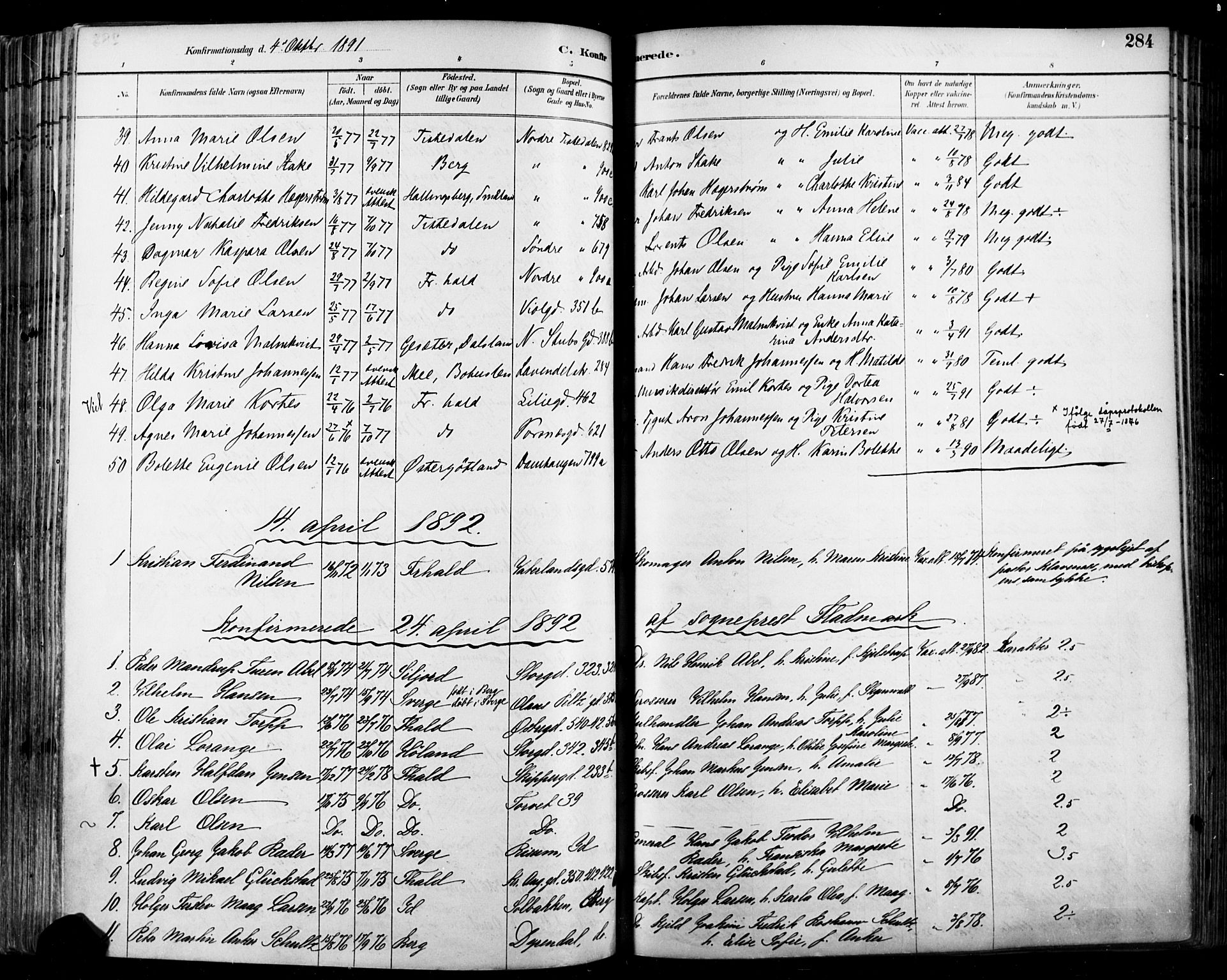 Halden prestekontor Kirkebøker, SAO/A-10909/F/Fa/L0013: Parish register (official) no. I 13, 1890-1906, p. 284