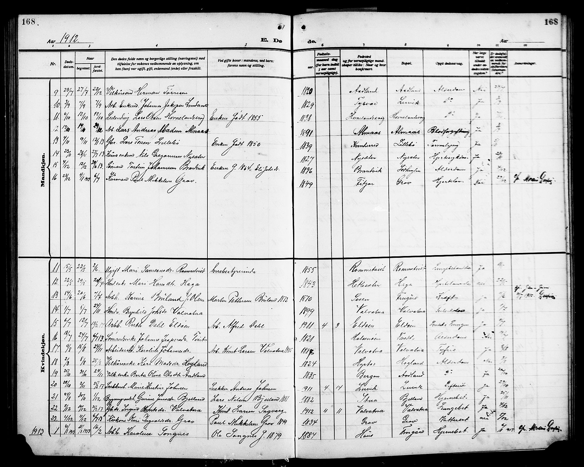 Stord sokneprestembete, AV/SAB-A-78201/H/Hab: Parish register (copy) no. A 3, 1910-1919, p. 168