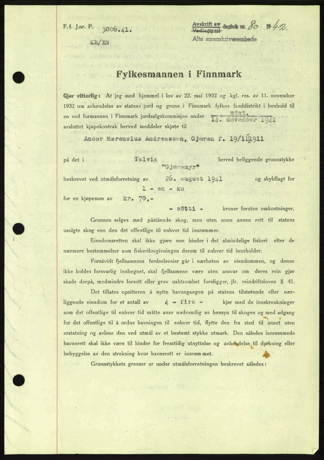 Alta fogderi/sorenskriveri, SATØ/SATØ-5/1/K/Kd/L0033pantebok: Mortgage book no. 33, 1940-1943, Diary no: : 80/1942