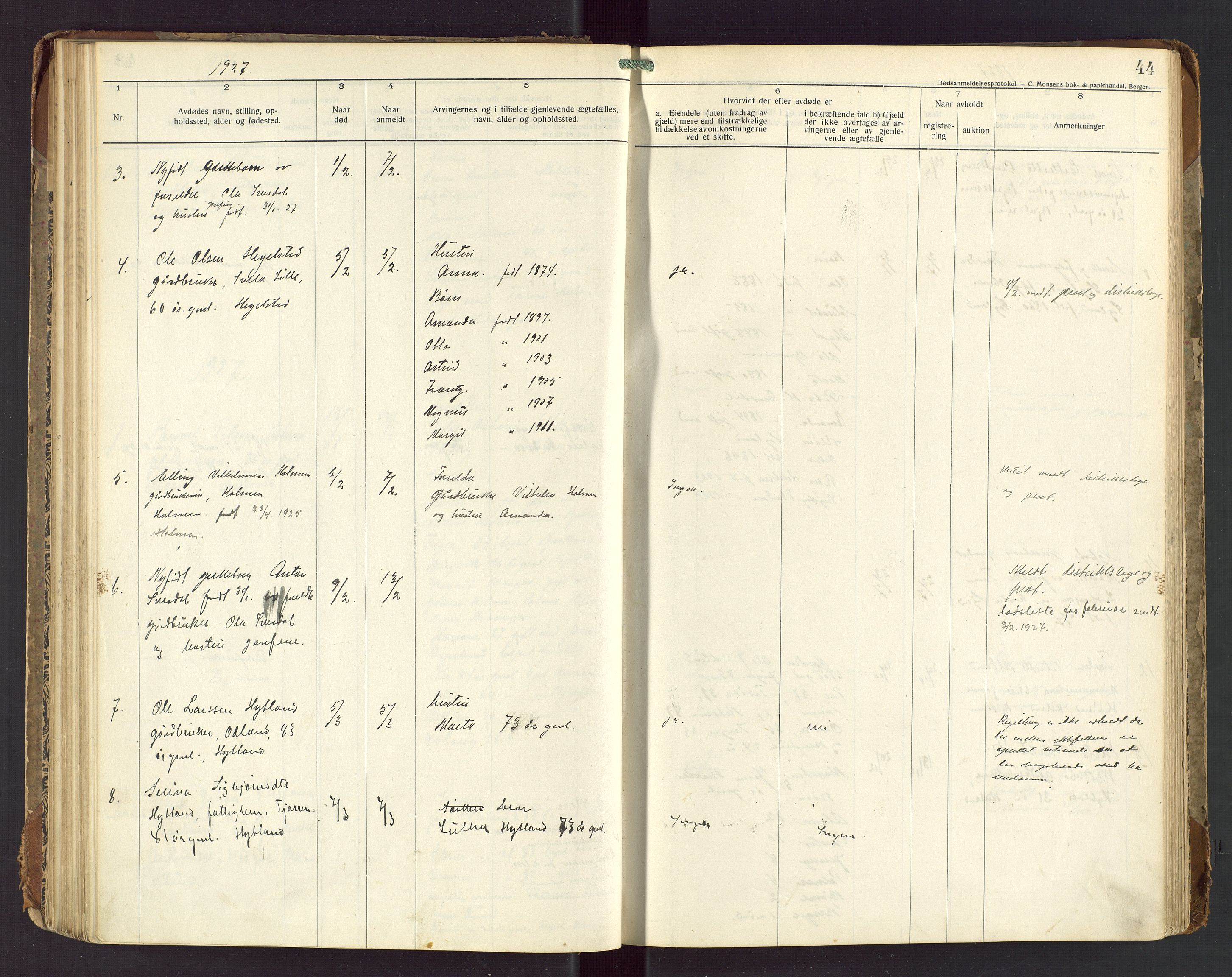 Bjerkreim lensmannskontor, AV/SAST-A-100090/Gga/L0002: "Dødsanmeldelsesprotokoll", 1916-1954, p. 44