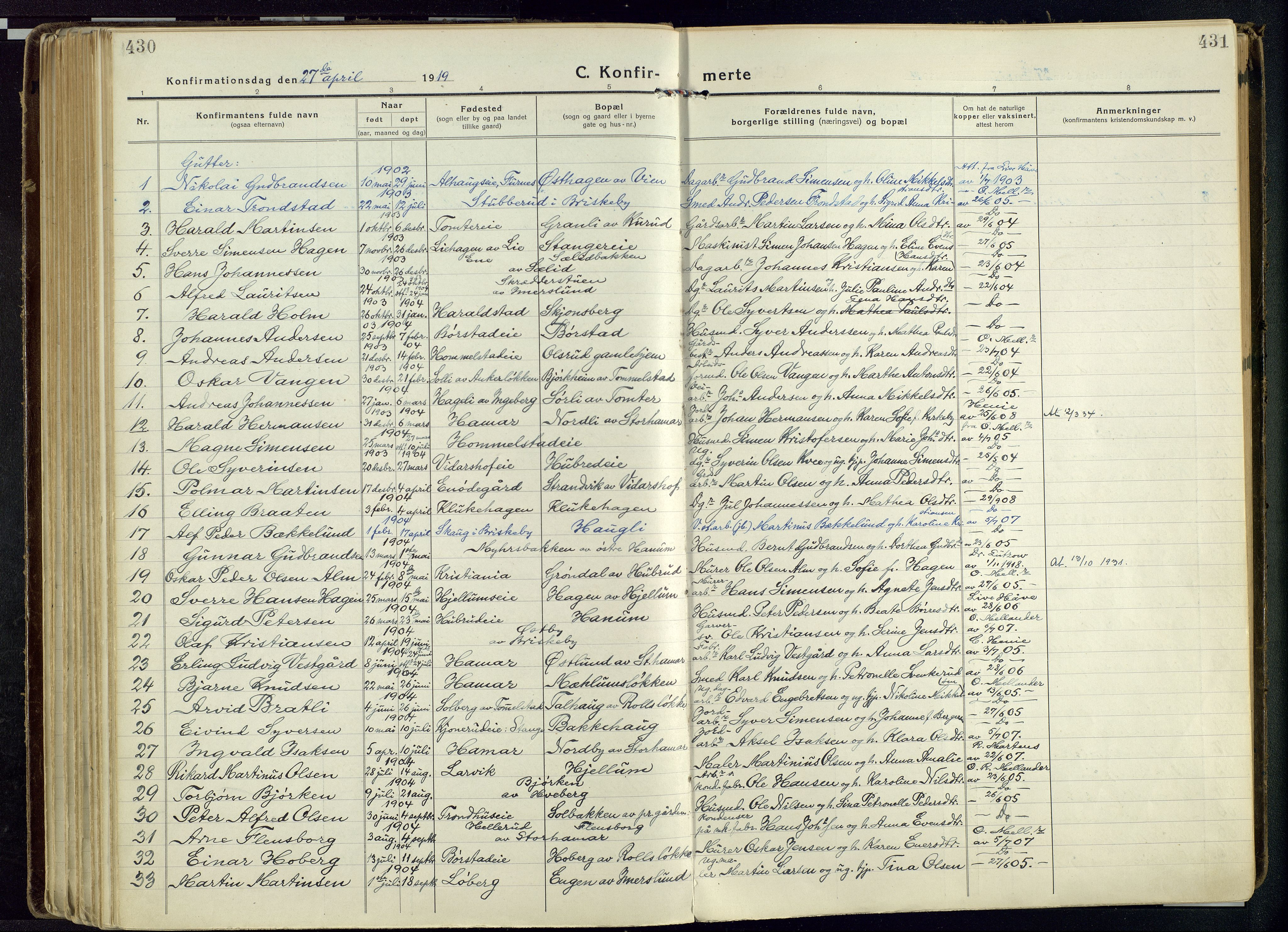Vang prestekontor, Hedmark, SAH/PREST-008/H/Ha/Haa/L0022: Parish register (official) no. 22, 1918-1944, p. 430-431