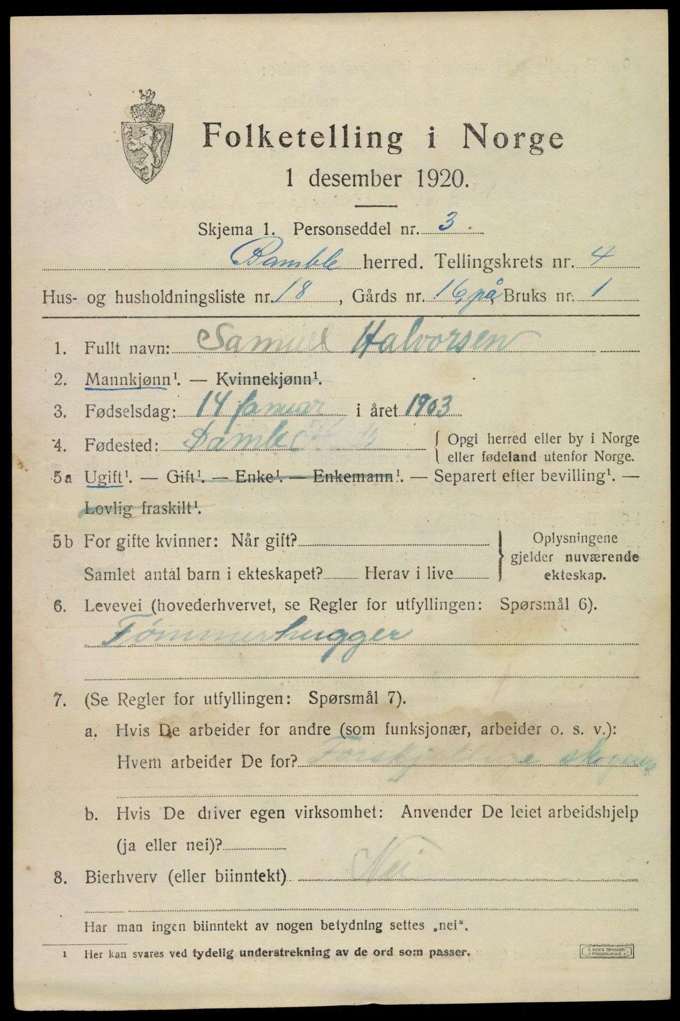 SAKO, 1920 census for Bamble, 1920, p. 4605