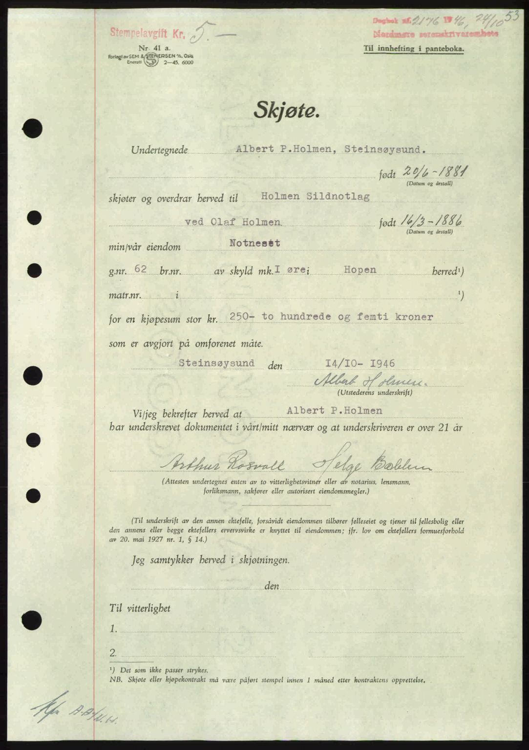 Nordmøre sorenskriveri, AV/SAT-A-4132/1/2/2Ca: Mortgage book no. A103, 1946-1947, Diary no: : 2176/1946