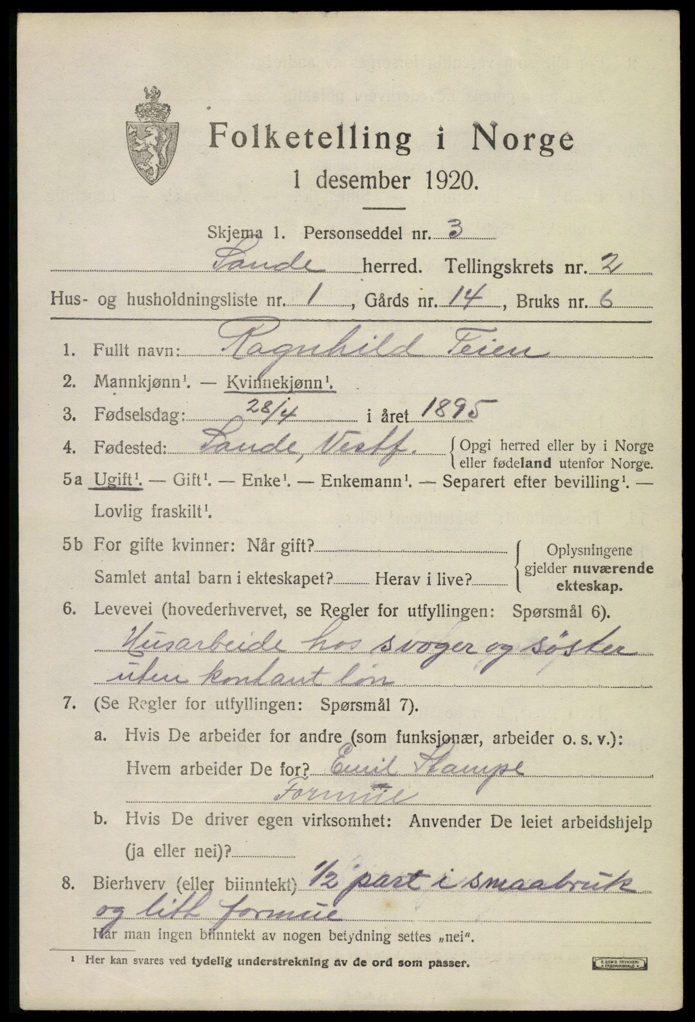 SAKO, 1920 census for Sande, 1920, p. 2176