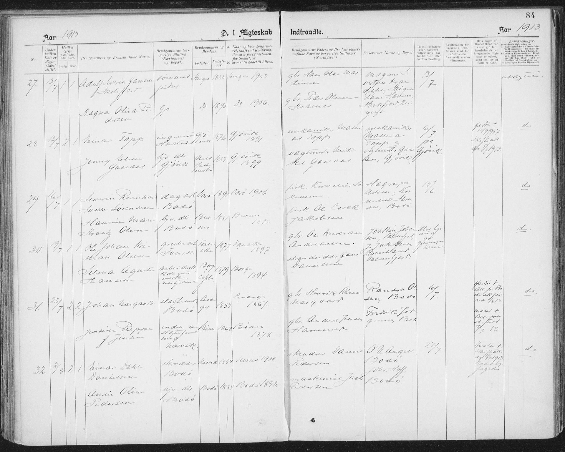 Ministerialprotokoller, klokkerbøker og fødselsregistre - Nordland, AV/SAT-A-1459/801/L0012: Parish register (official) no. 801A12, 1900-1916, p. 84