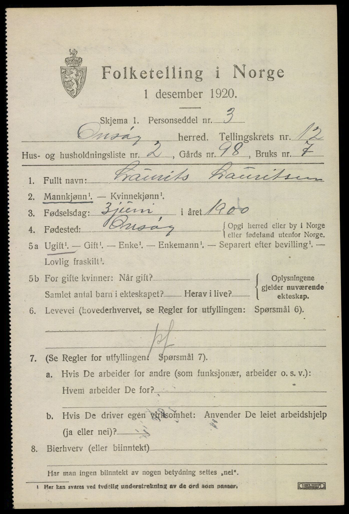 SAO, 1920 census for Onsøy, 1920, p. 14774