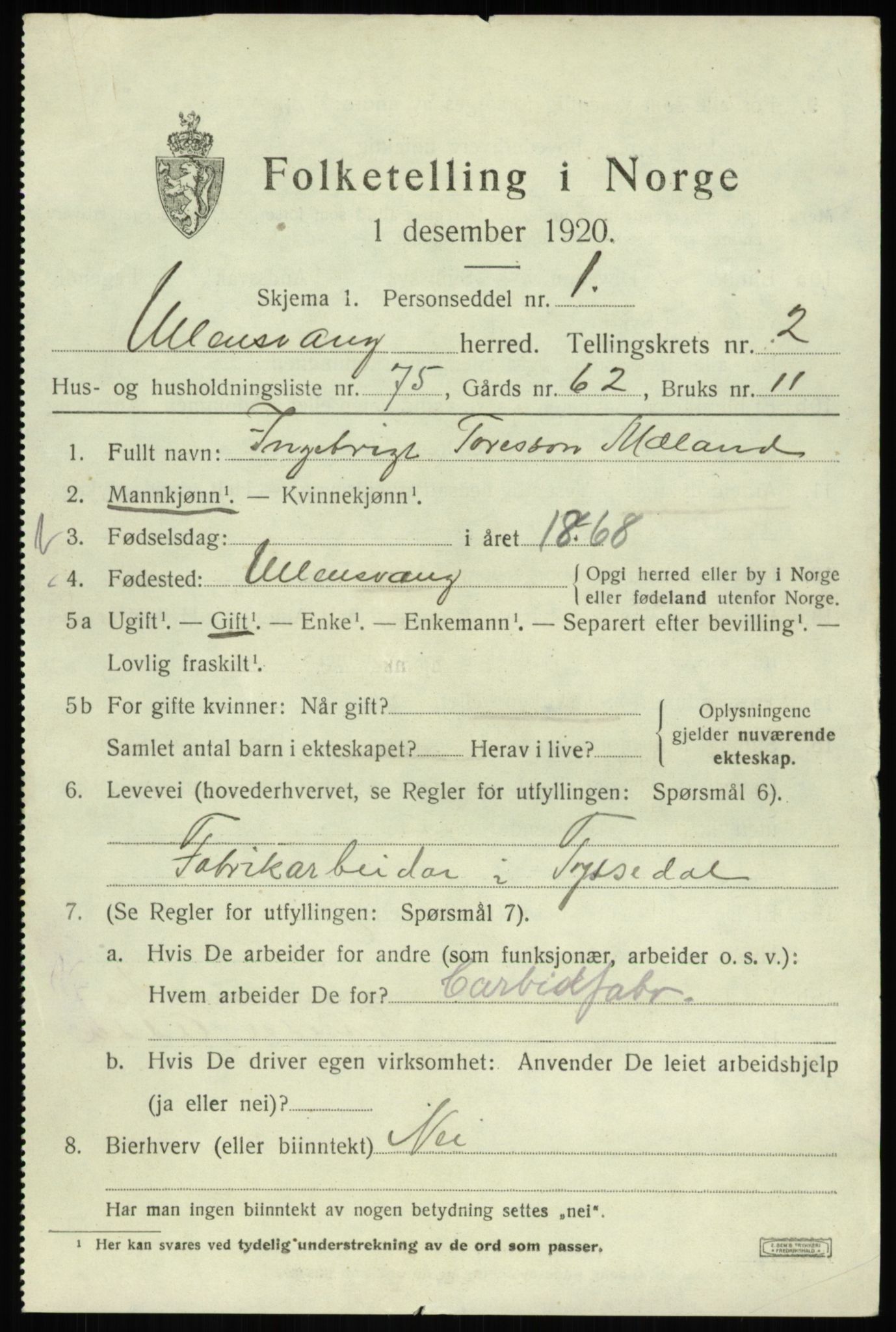 SAB, 1920 census for Ullensvang, 1920, p. 1712