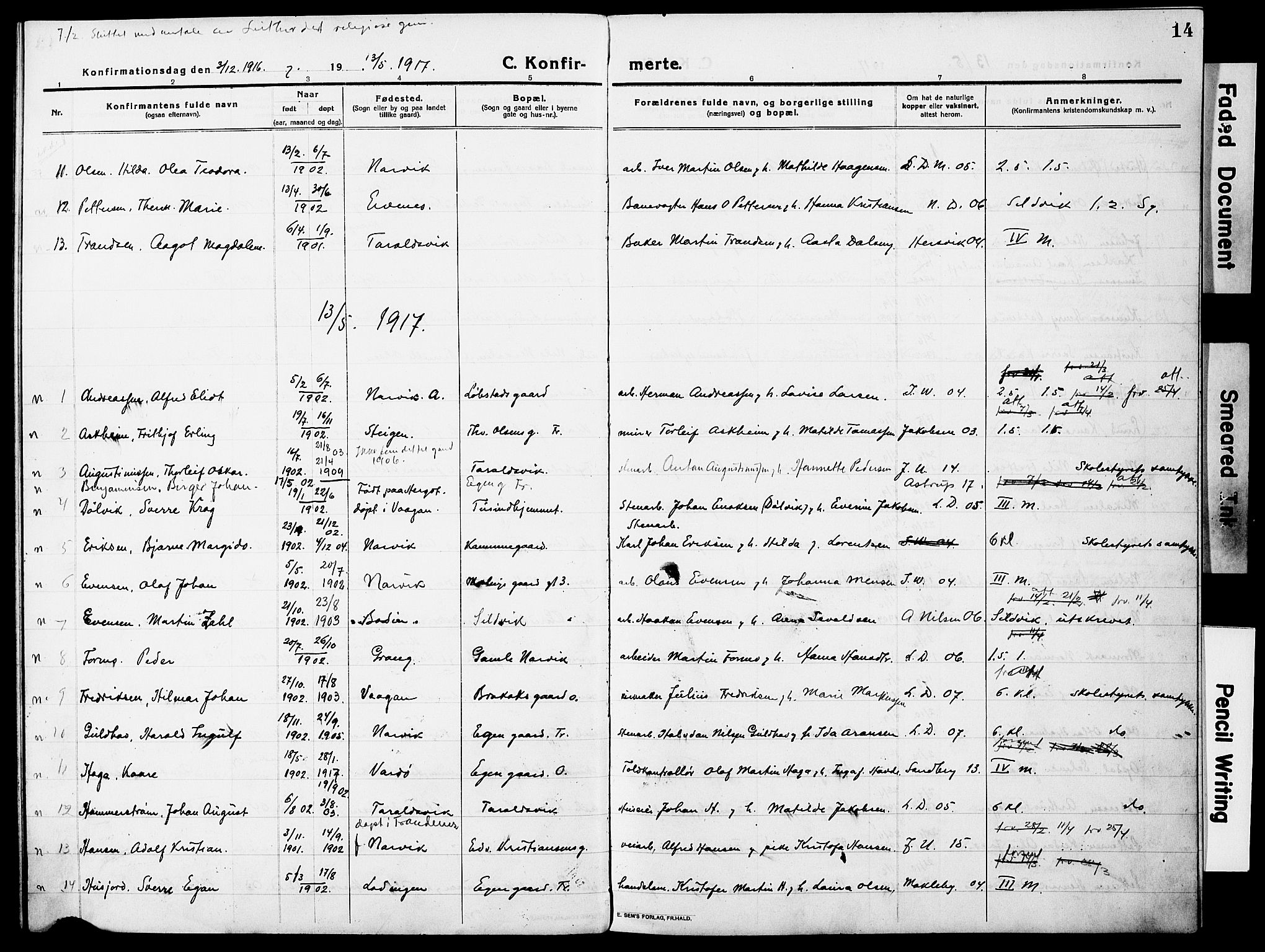 Ministerialprotokoller, klokkerbøker og fødselsregistre - Nordland, AV/SAT-A-1459/871/L0989: Parish register (official) no. 871A05, 1915-1922, p. 14