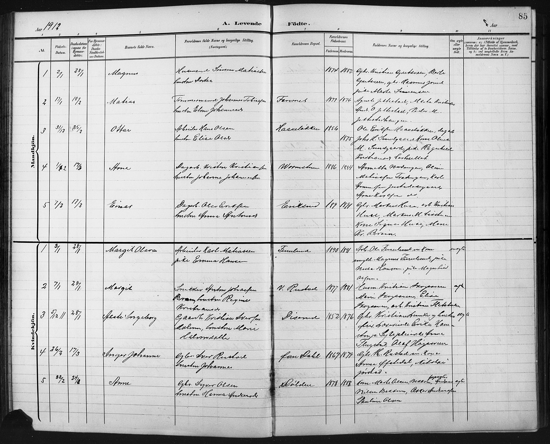 Fåberg prestekontor, AV/SAH-PREST-086/H/Ha/Hab/L0011: Parish register (copy) no. 11, 1901-1921, p. 85