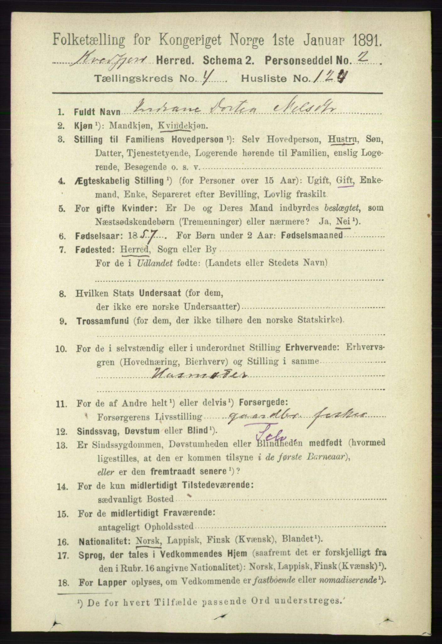 RA, 1891 census for 1911 Kvæfjord, 1891, p. 2679