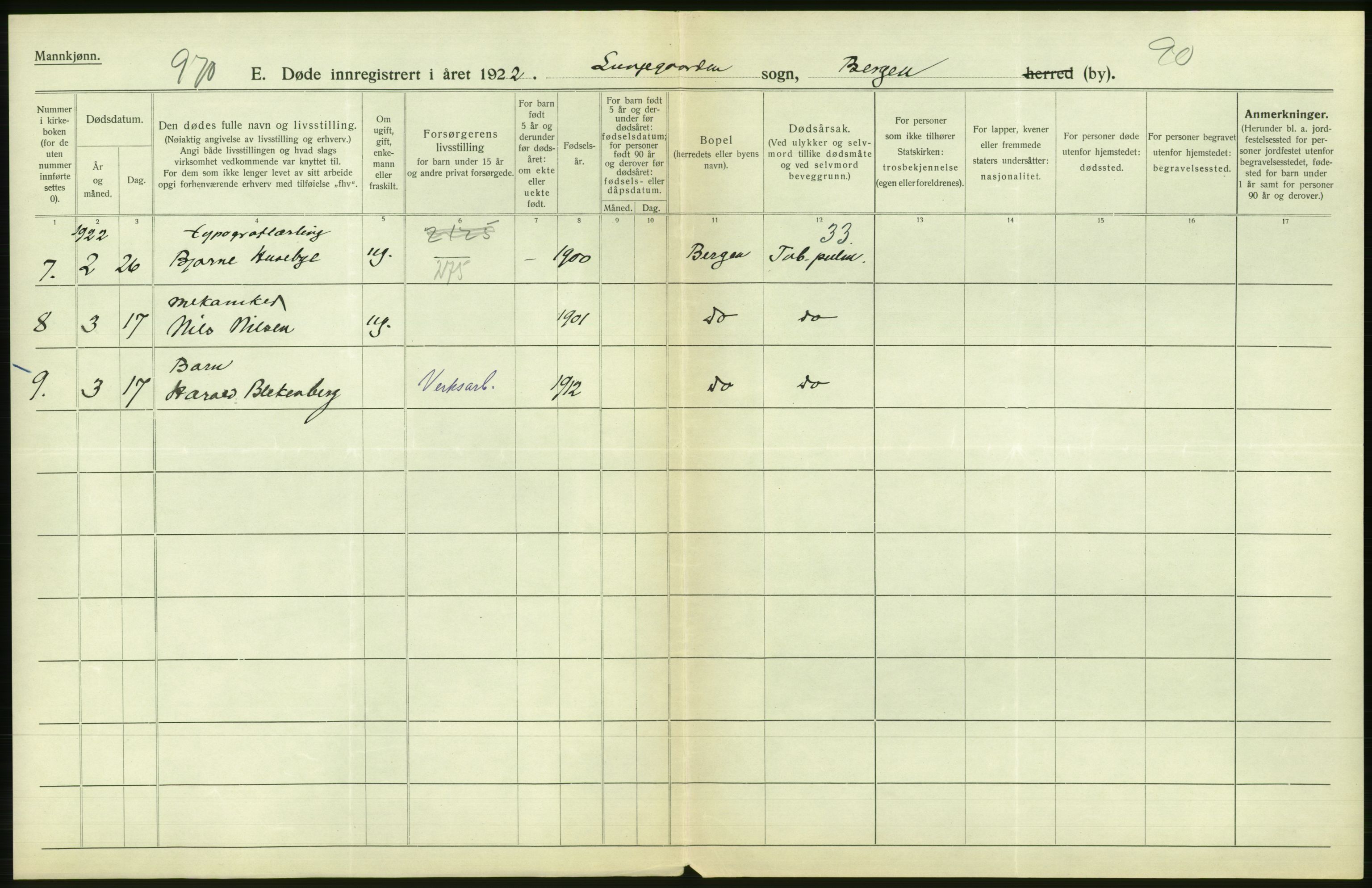 Statistisk sentralbyrå, Sosiodemografiske emner, Befolkning, AV/RA-S-2228/D/Df/Dfc/Dfcb/L0030: Bergen: Gifte, døde, dødfødte., 1922, p. 374