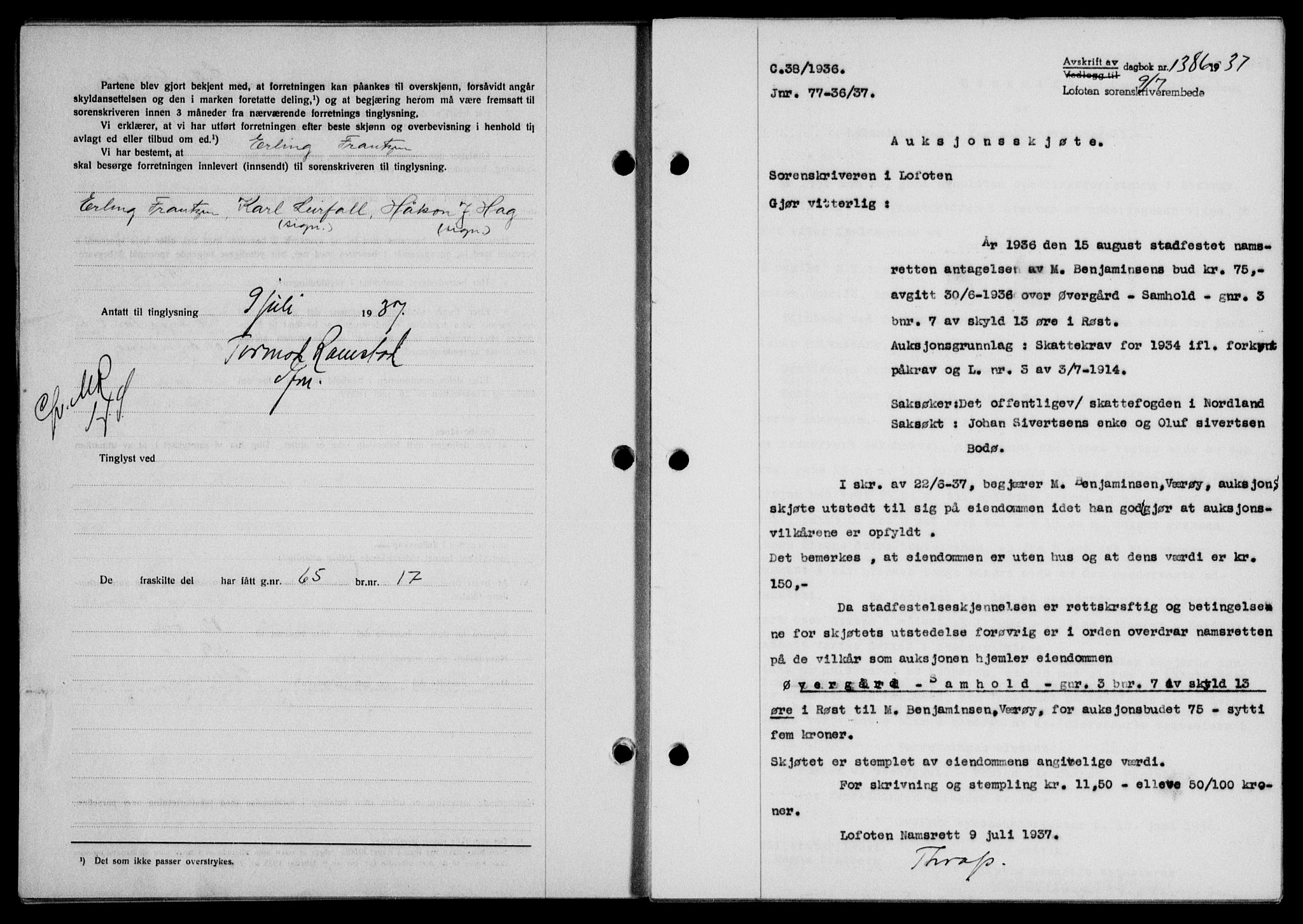 Lofoten sorenskriveri, SAT/A-0017/1/2/2C/L0002a: Mortgage book no. 2a, 1937-1937, Diary no: : 1386/1937
