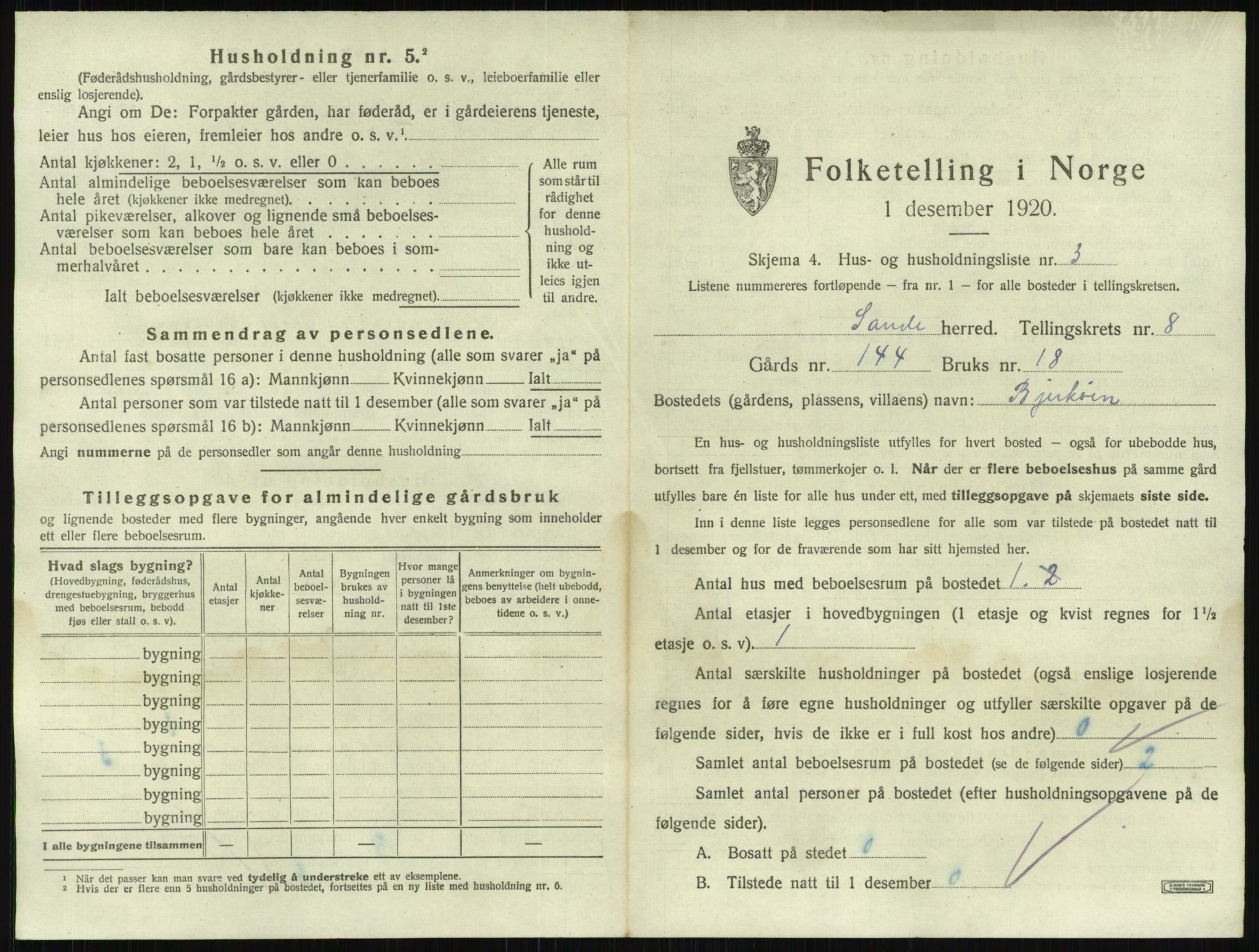 SAKO, 1920 census for Sande, 1920, p. 1364