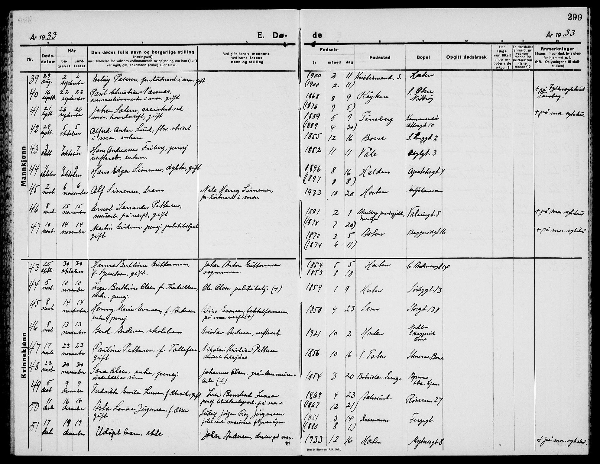 Horten kirkebøker, AV/SAKO-A-348/G/Ga/L0009: Parish register (copy) no. 9, 1926-1936, p. 299