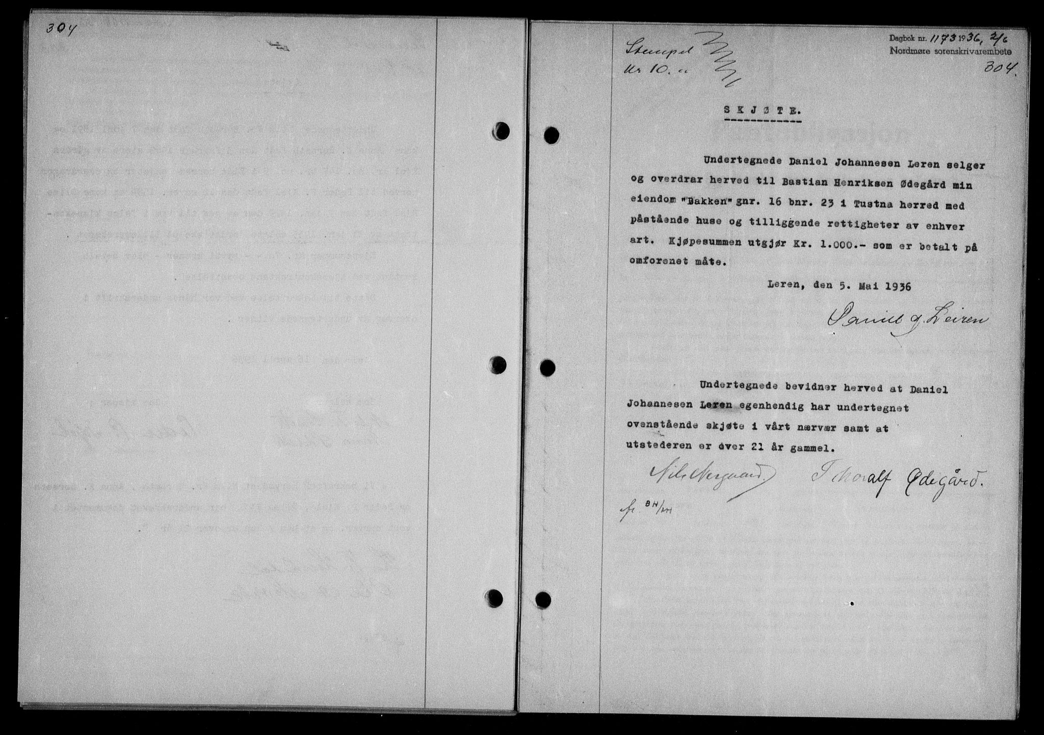 Nordmøre sorenskriveri, AV/SAT-A-4132/1/2/2Ca/L0088: Mortgage book no. 78, 1936-1936, Diary no: : 1173/1936