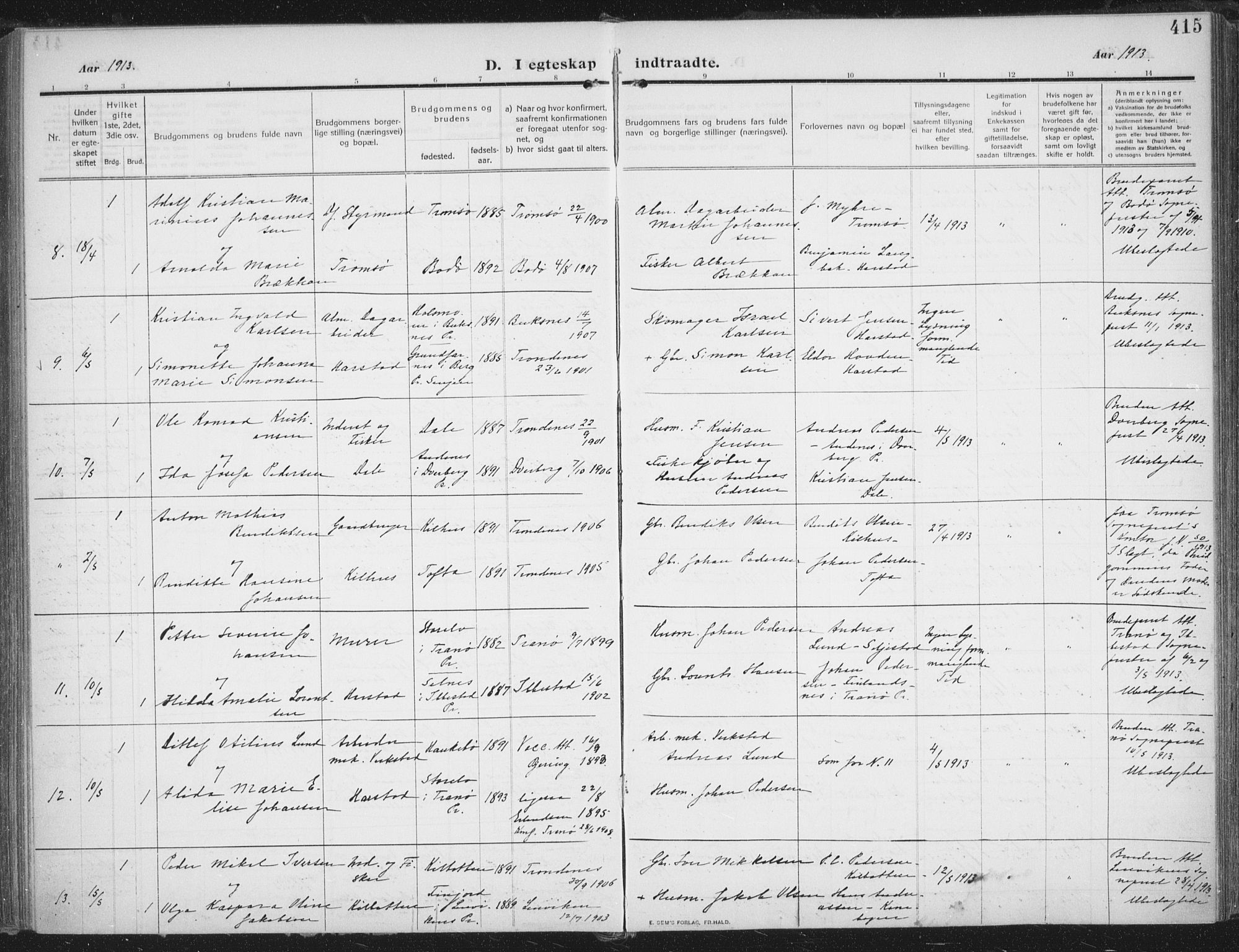 Trondenes sokneprestkontor, AV/SATØ-S-1319/H/Ha/L0018kirke: Parish register (official) no. 18, 1909-1918, p. 415