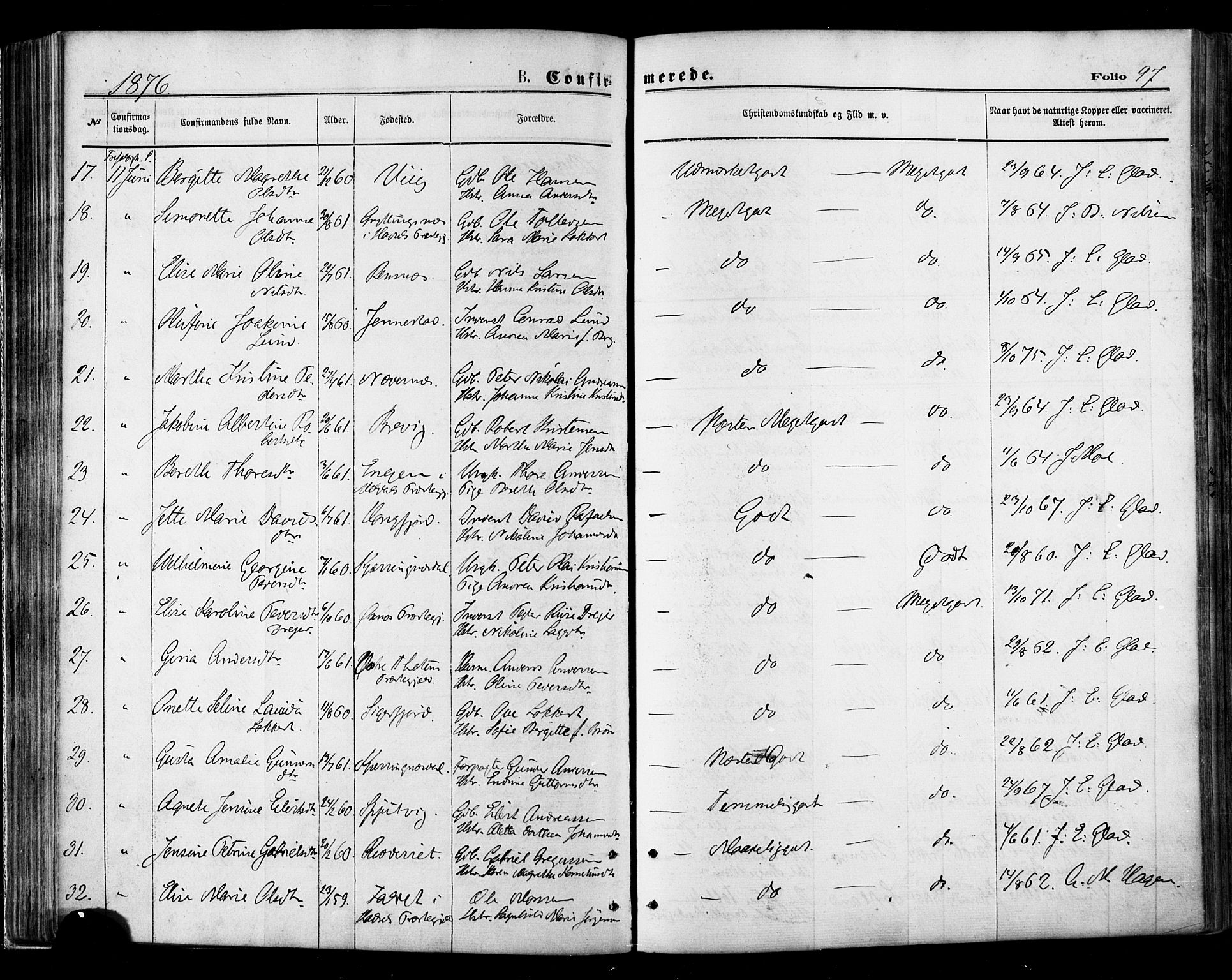 Ministerialprotokoller, klokkerbøker og fødselsregistre - Nordland, AV/SAT-A-1459/895/L1370: Parish register (official) no. 895A05, 1873-1884, p. 97