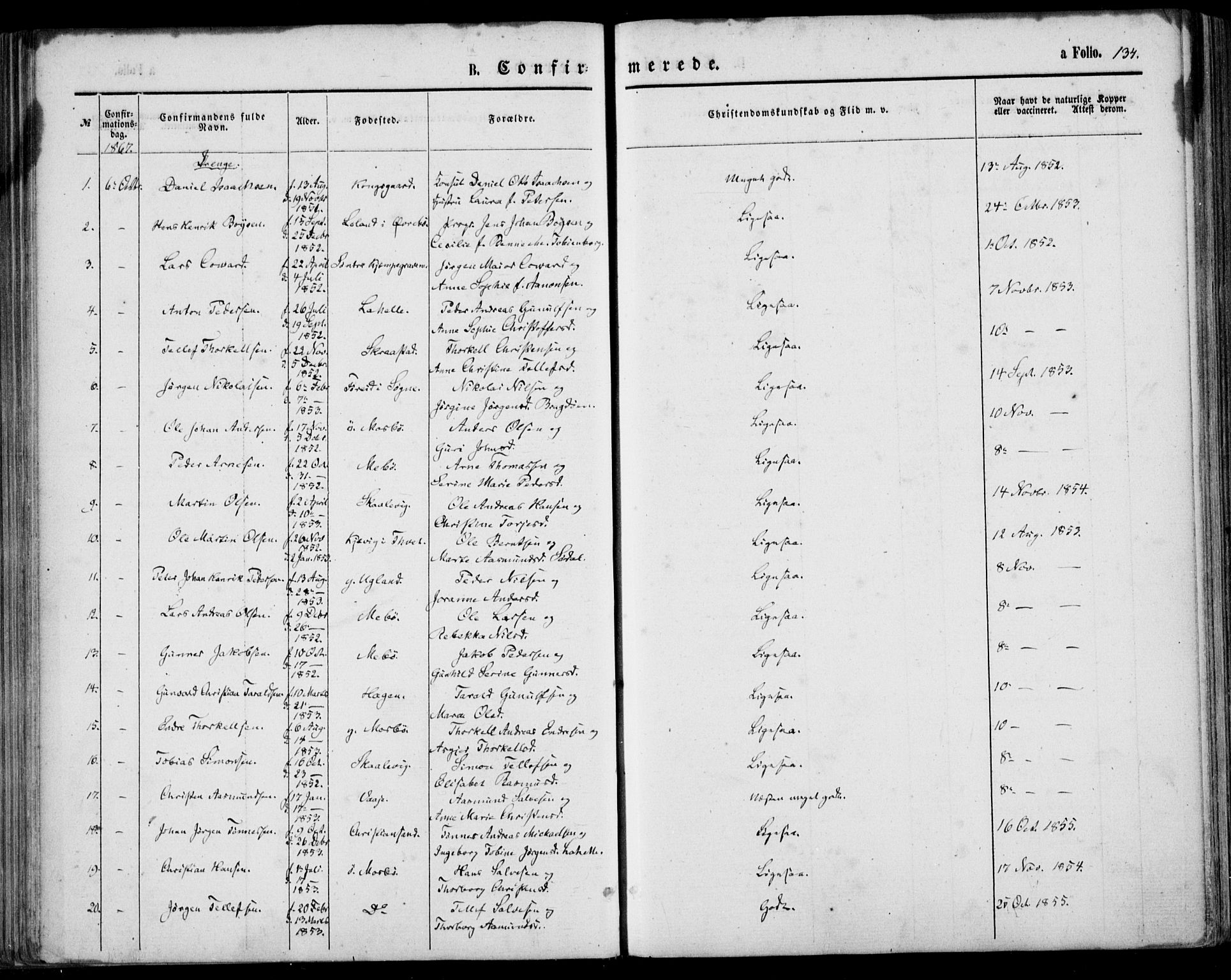 Oddernes sokneprestkontor, SAK/1111-0033/F/Fa/Faa/L0008: Parish register (official) no. A 8, 1864-1880, p. 134