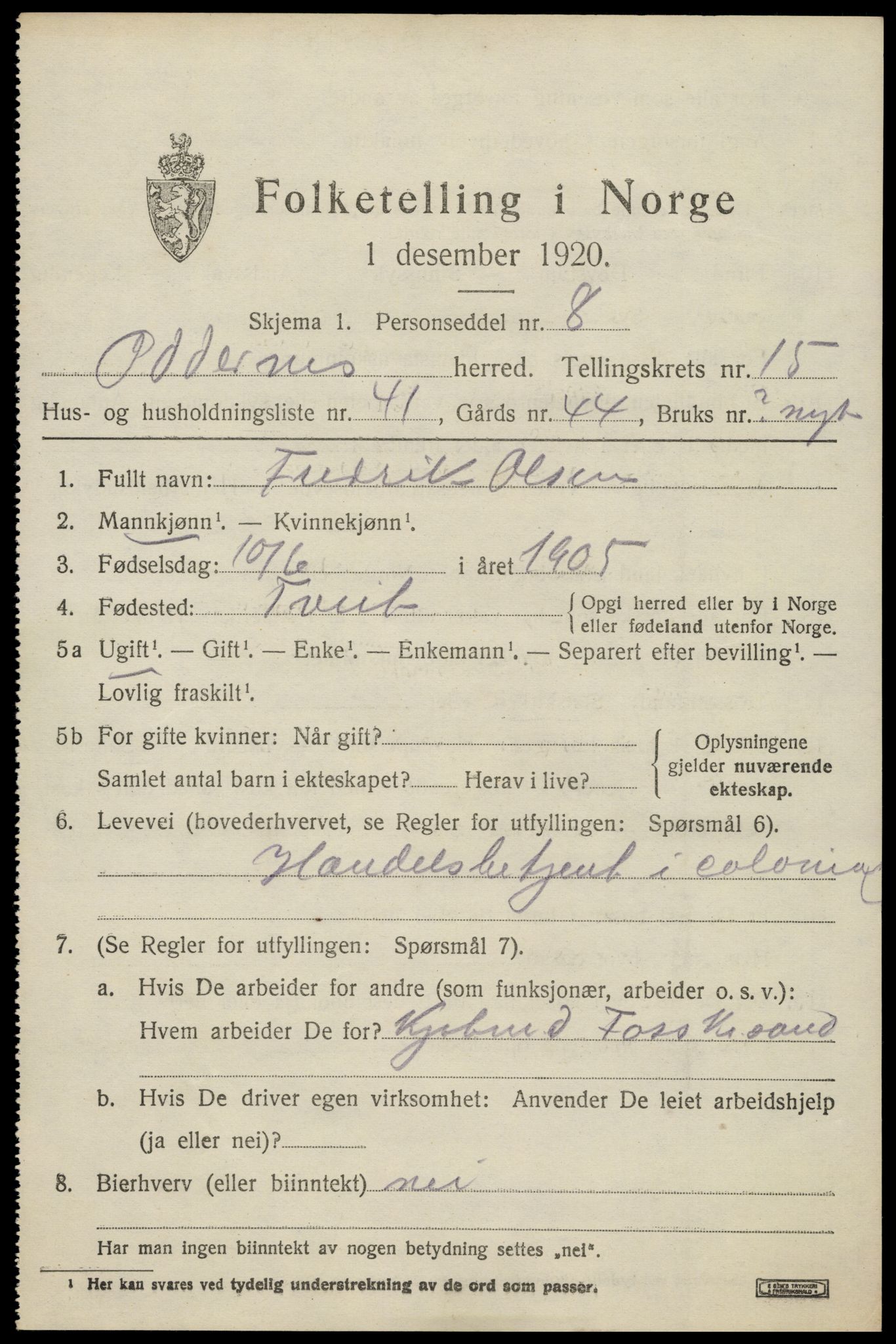 SAK, 1920 census for Oddernes, 1920, p. 10475