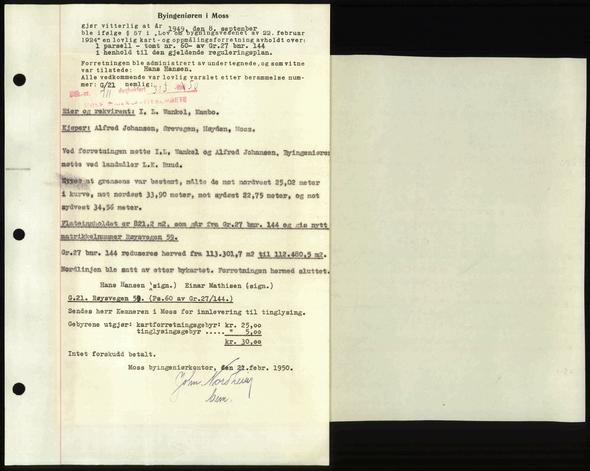 Moss sorenskriveri, SAO/A-10168: Mortgage book no. A25, 1950-1950, Diary no: : 711/1950