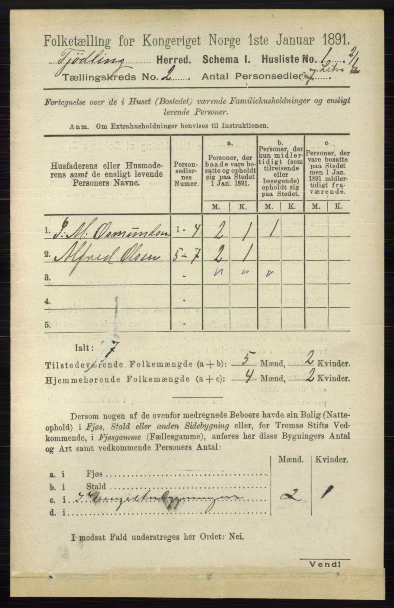 RA, 1891 census for 0725 Tjølling, 1891, p. 443
