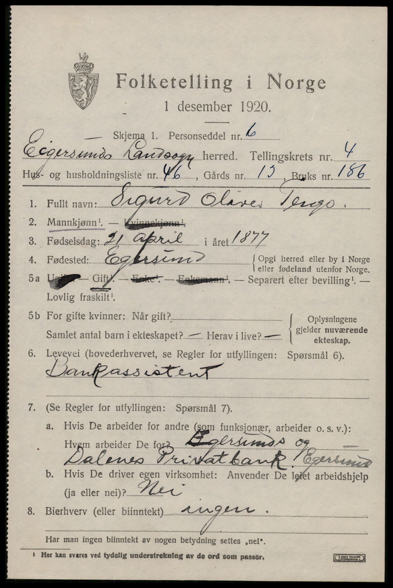 SAST, 1920 census for Eigersund, 1920, p. 3335