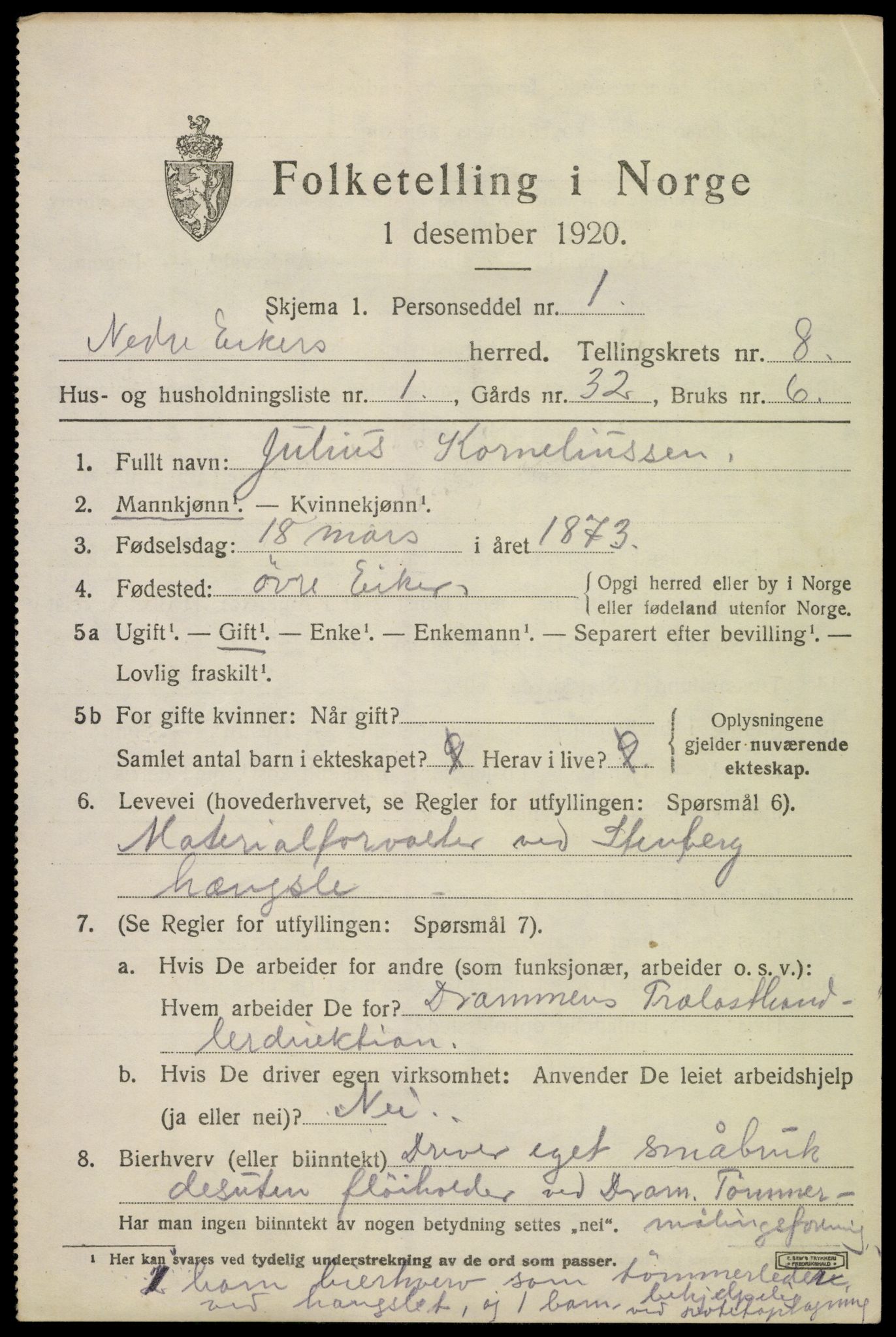 SAKO, 1920 census for Nedre Eiker, 1920, p. 8409