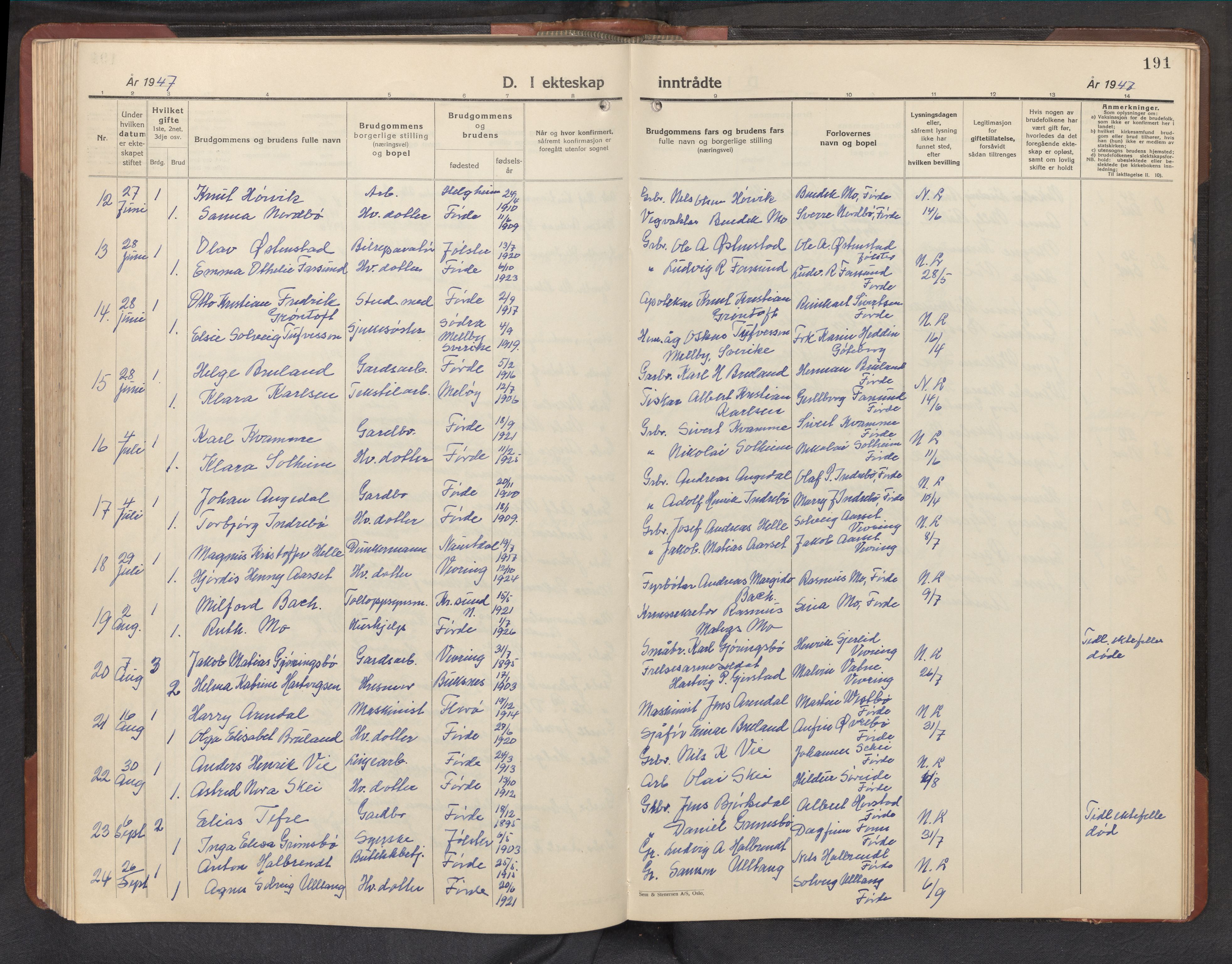 Førde sokneprestembete, AV/SAB-A-79901/H/Hab/Haba/L0005: Parish register (copy) no. A 5, 1941-1960, p. 191