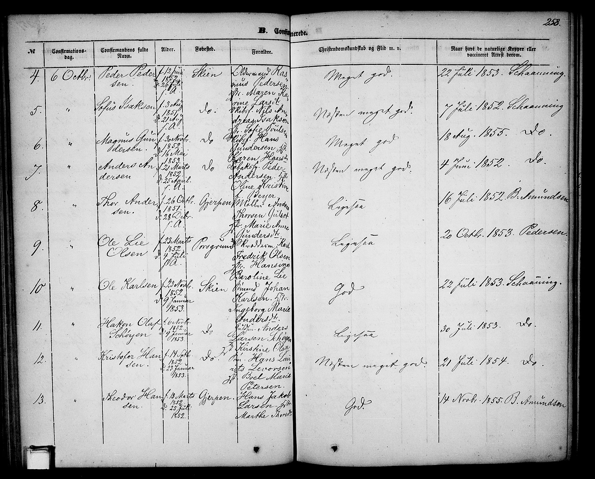 Skien kirkebøker, AV/SAKO-A-302/G/Ga/L0004: Parish register (copy) no. 4, 1843-1867, p. 258