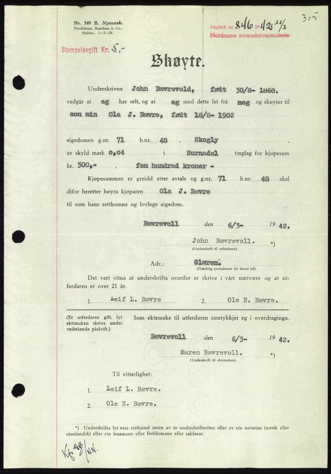 Nordmøre sorenskriveri, AV/SAT-A-4132/1/2/2Ca: Mortgage book no. A92, 1942-1942, Diary no: : 846/1942