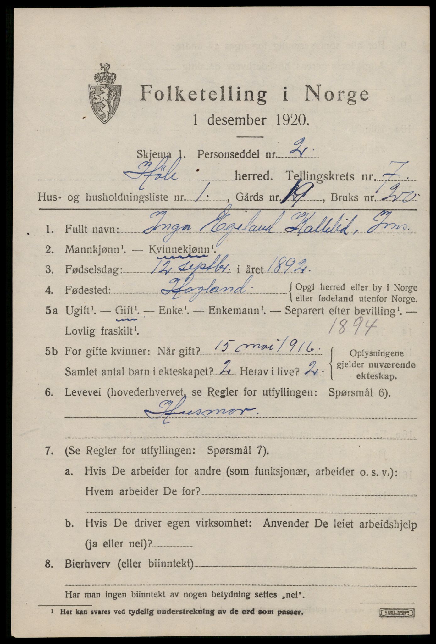 SAST, 1920 census for Høle, 1920, p. 2017