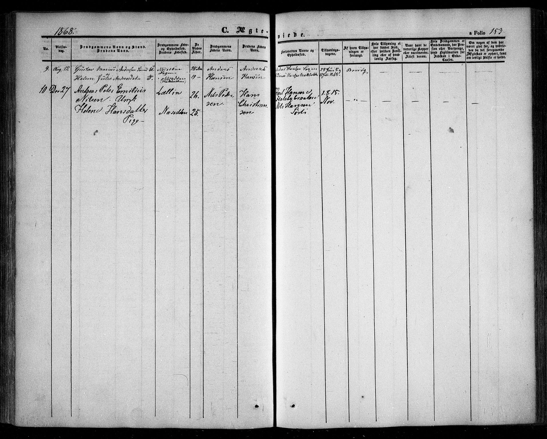 Nesodden prestekontor Kirkebøker, AV/SAO-A-10013/F/Fa/L0007: Parish register (official) no. I 7, 1848-1868, p. 153