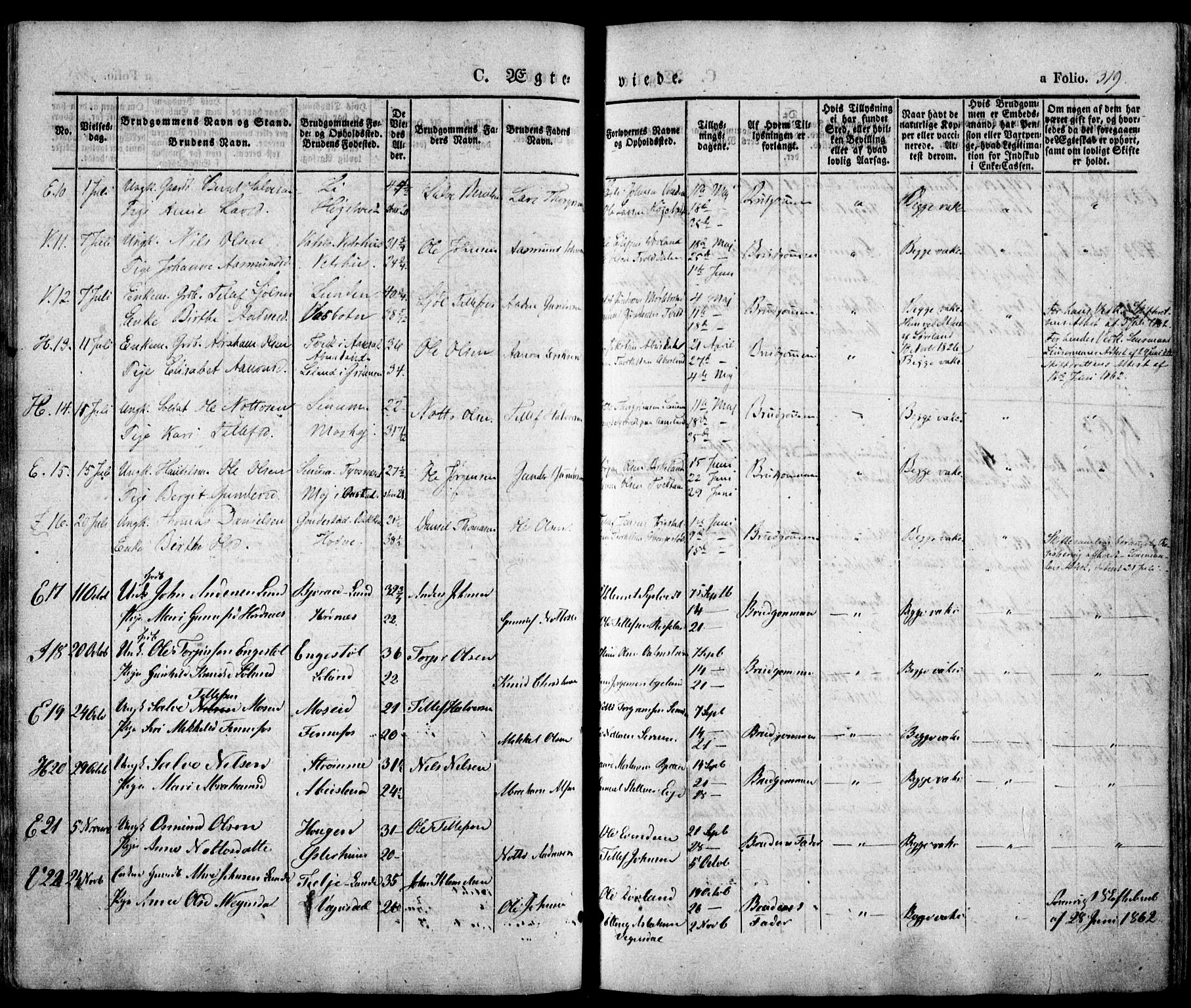 Evje sokneprestkontor, AV/SAK-1111-0008/F/Fa/Faa/L0005: Parish register (official) no. A 5, 1843-1865, p. 319