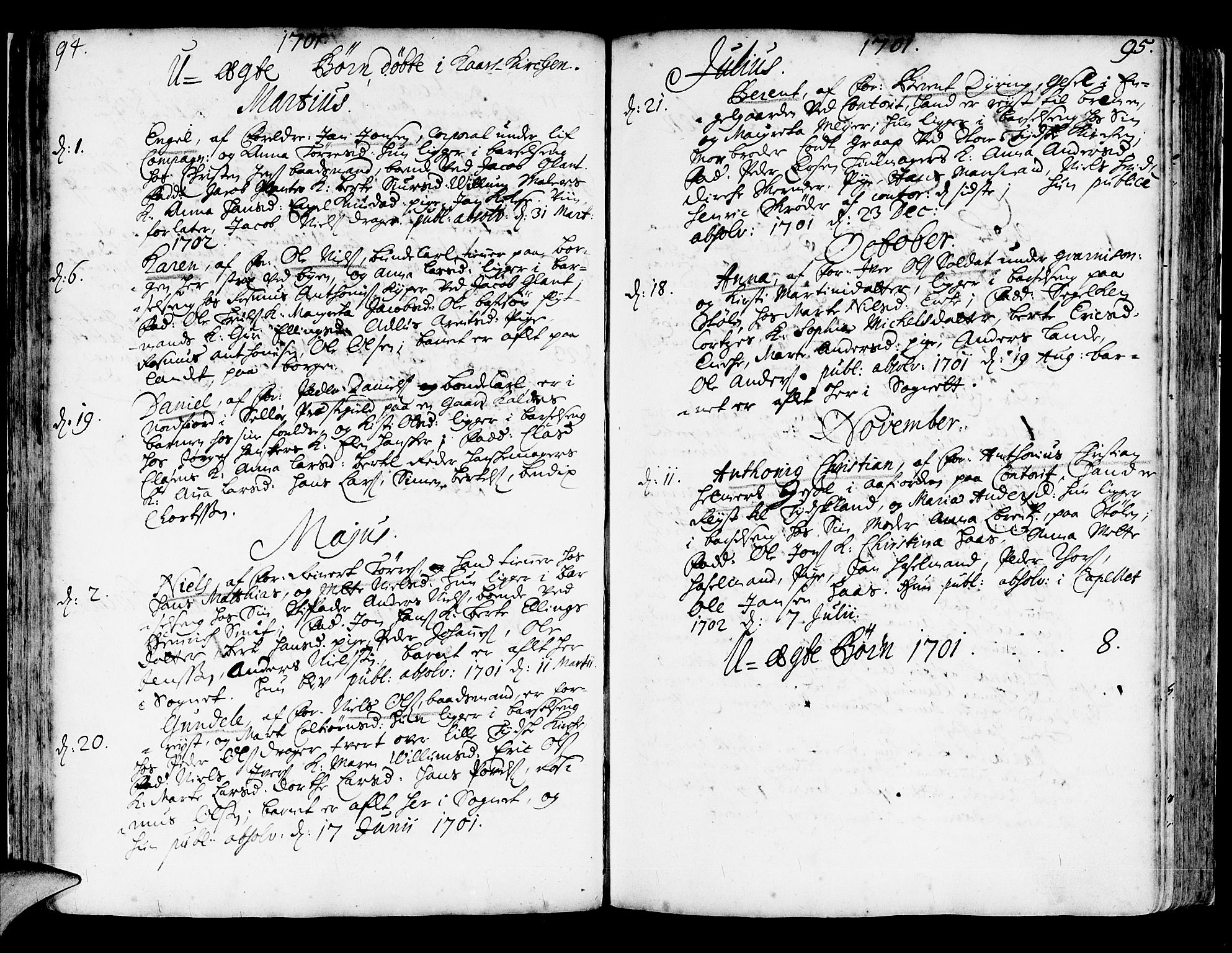 Korskirken sokneprestembete, SAB/A-76101/H/Haa/L0003: Parish register (official) no. A 3, 1698-1719, p. 94-95