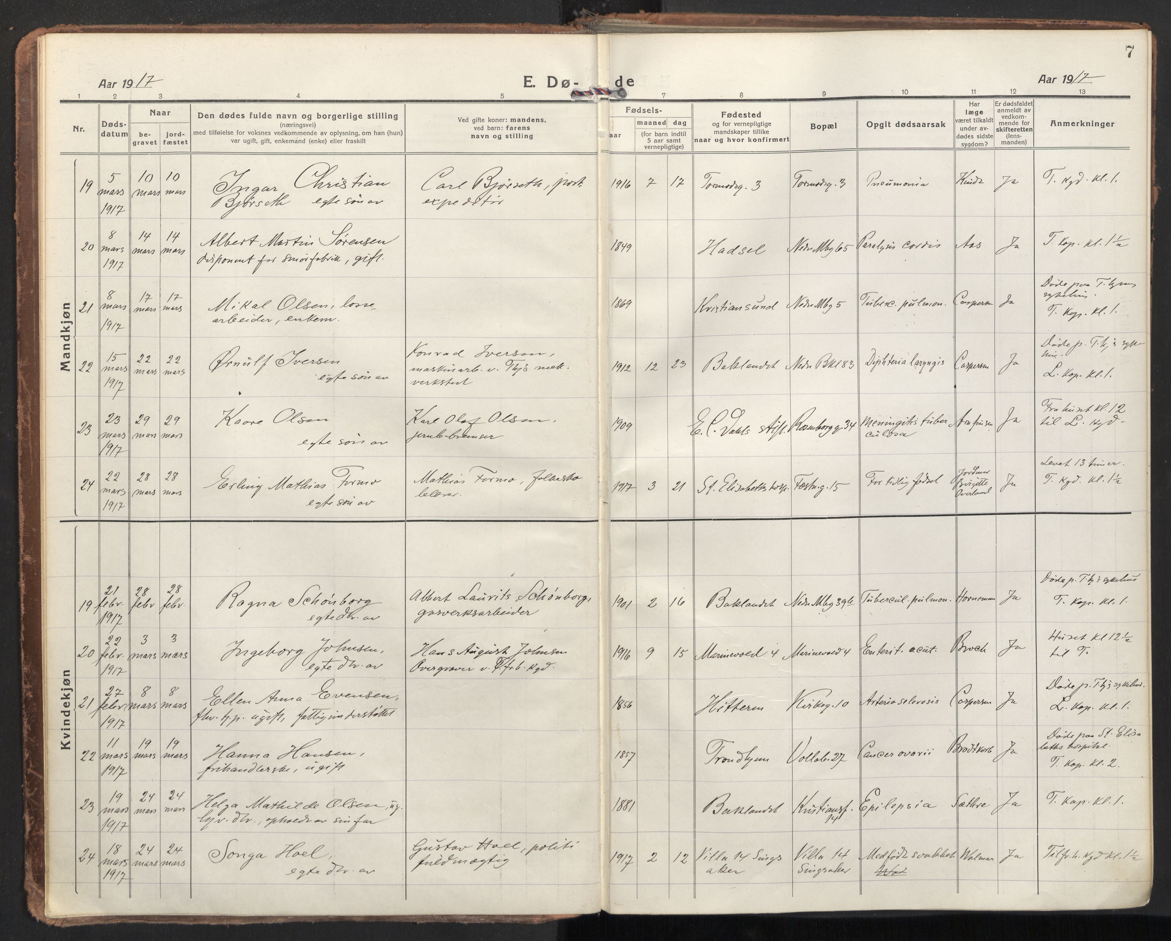 Ministerialprotokoller, klokkerbøker og fødselsregistre - Sør-Trøndelag, SAT/A-1456/604/L0207: Parish register (official) no. 604A27, 1917-1933, p. 7