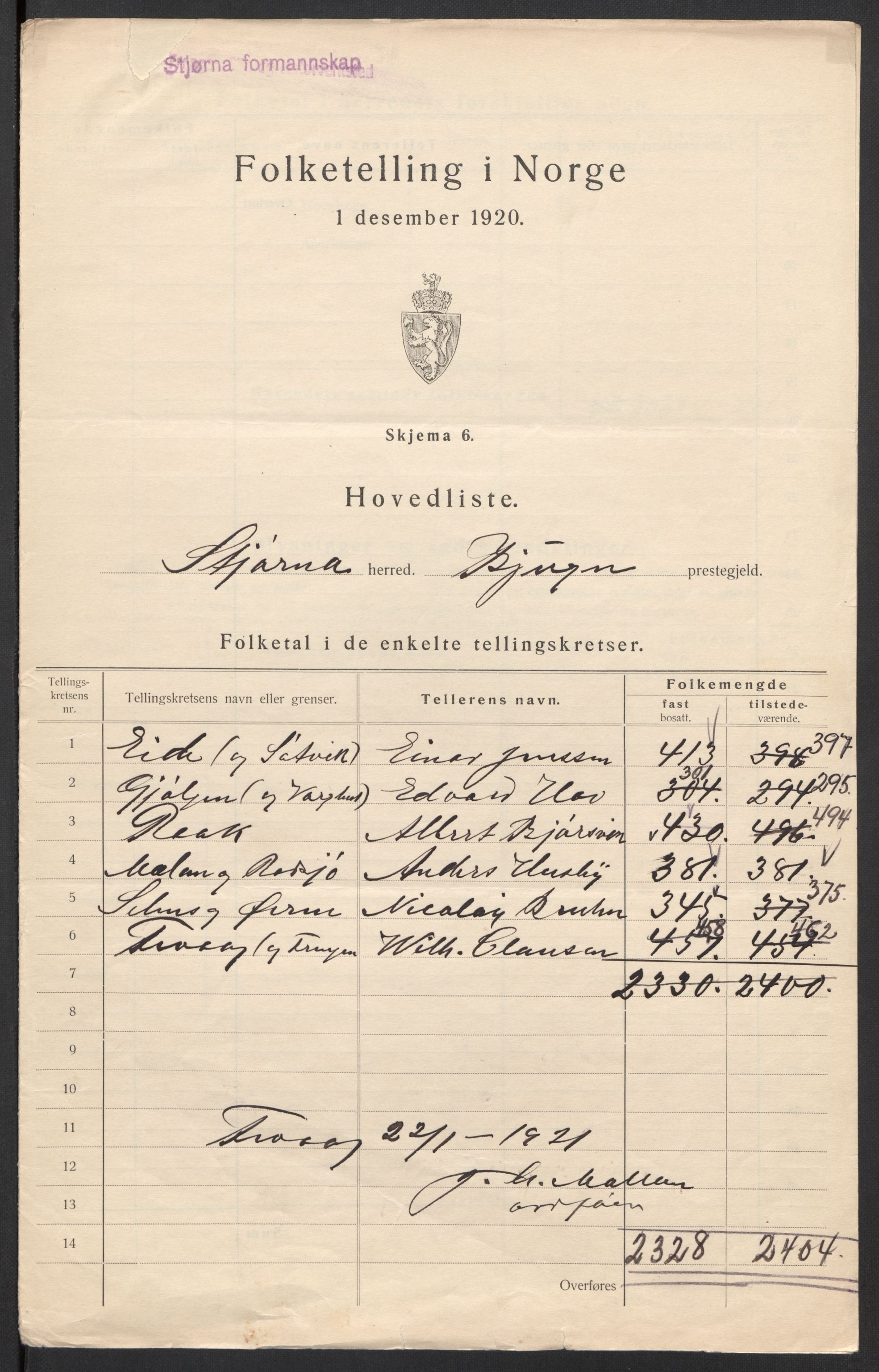 SAT, 1920 census for Stjørna, 1920, p. 5