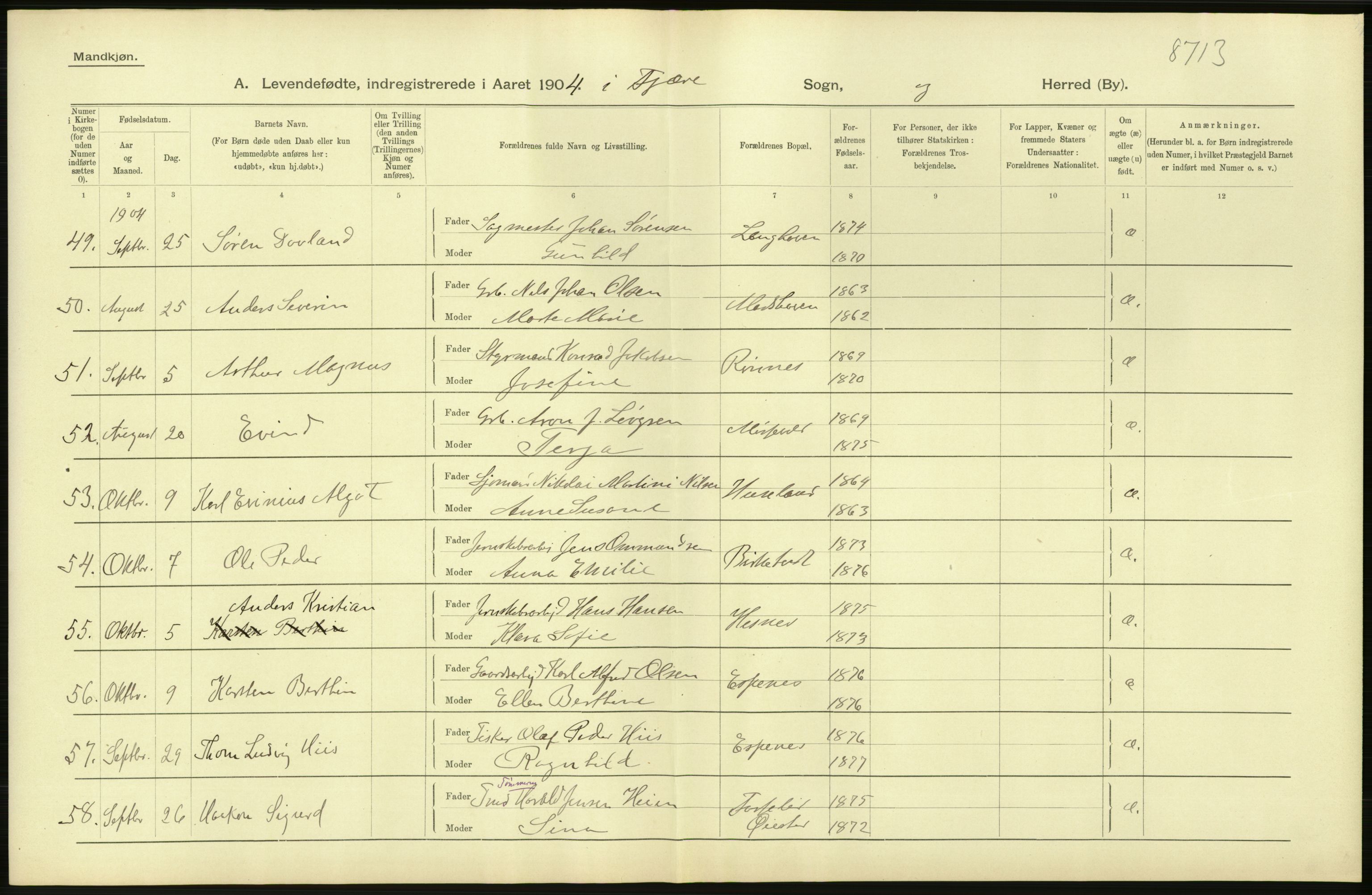 Statistisk sentralbyrå, Sosiodemografiske emner, Befolkning, AV/RA-S-2228/D/Df/Dfa/Dfab/L0010: Nedenes amt: Fødte, gifte, døde, 1904, p. 40