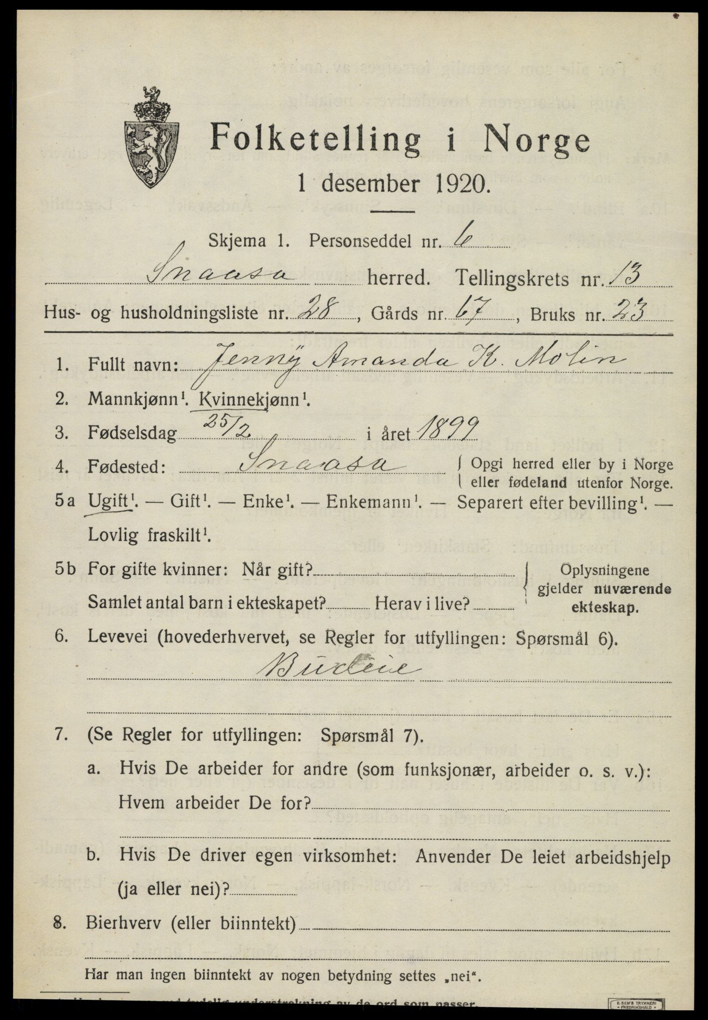 SAT, 1920 census for Snåsa, 1920, p. 5948