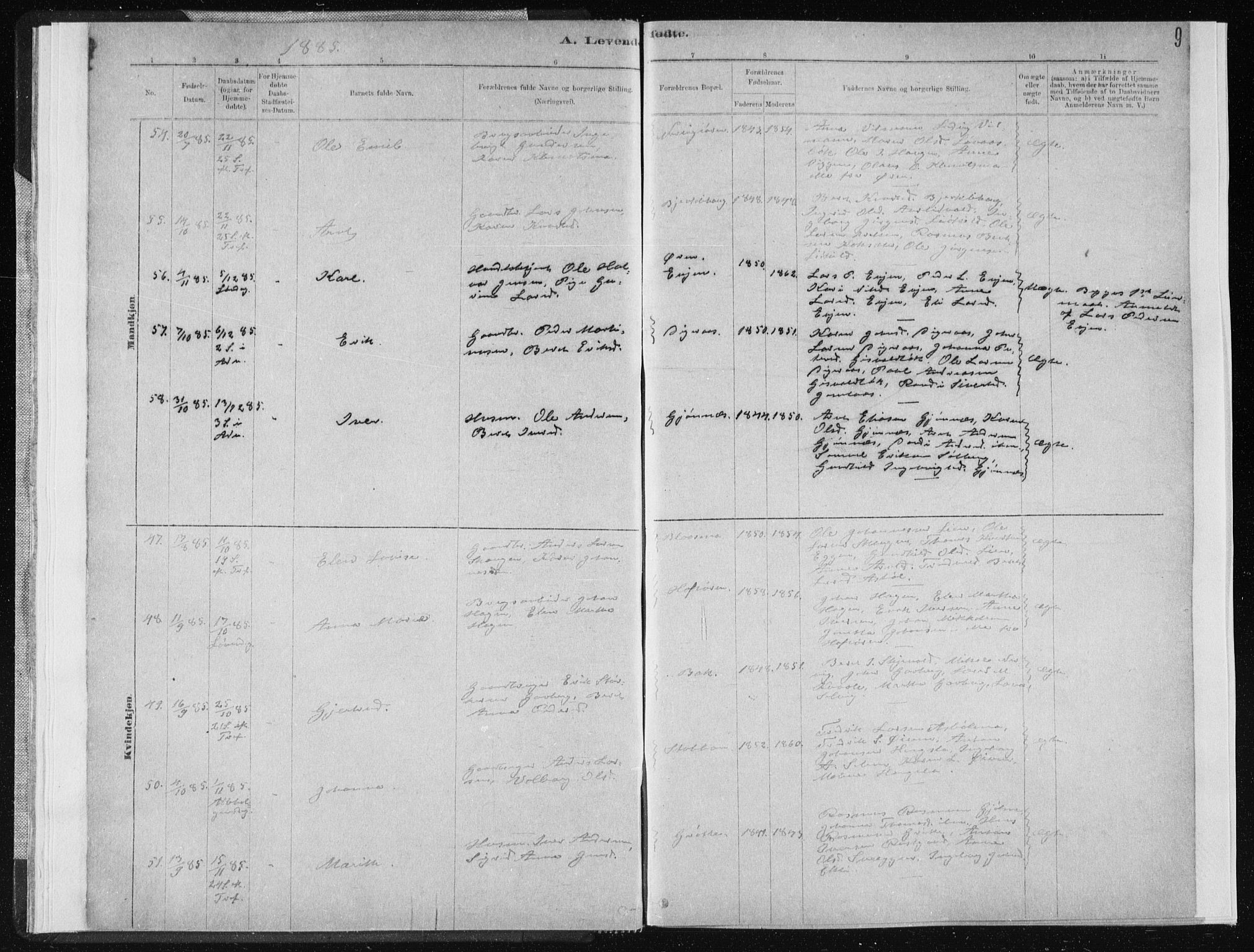 Ministerialprotokoller, klokkerbøker og fødselsregistre - Sør-Trøndelag, AV/SAT-A-1456/668/L0818: Parish register (copy) no. 668C07, 1885-1898, p. 9