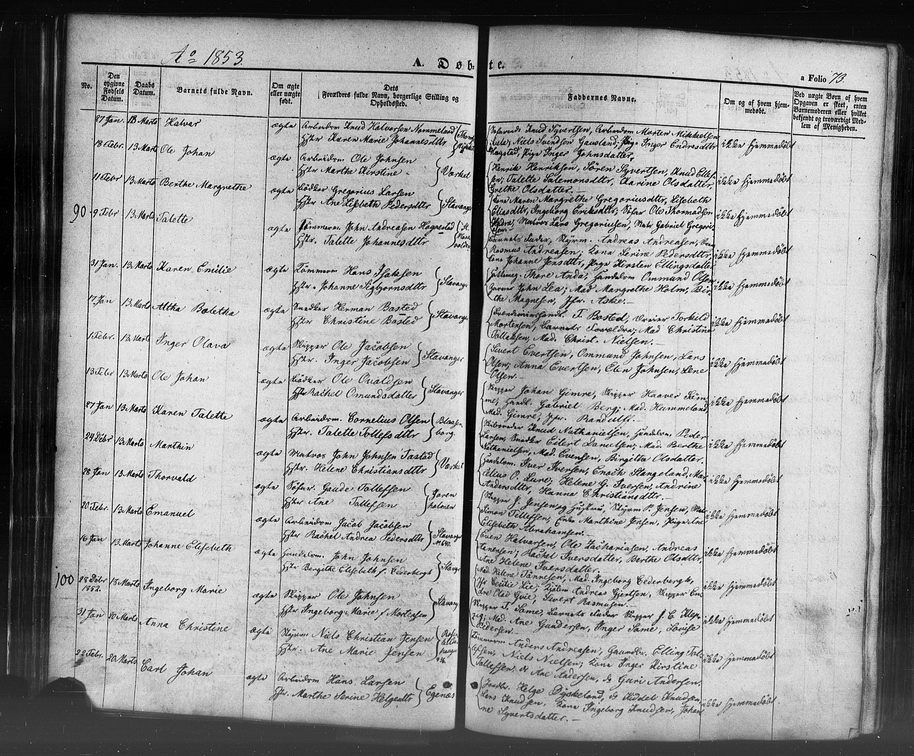 Domkirken sokneprestkontor, AV/SAST-A-101812/001/30/30BB/L0009: Parish register (copy) no. B 9, 1850-1858, p. 73